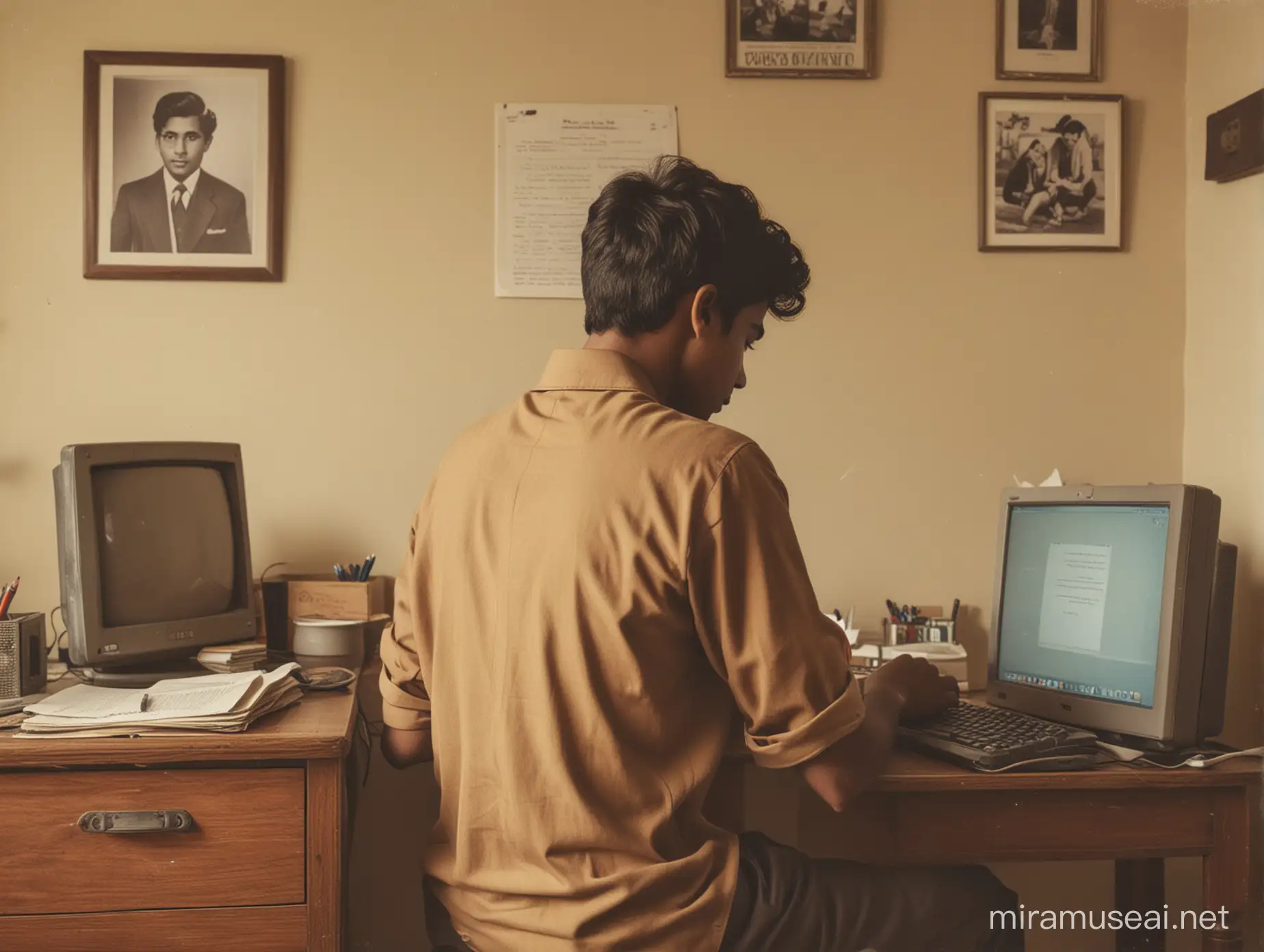 A vintage-style photo of an indian youth writing on a computer with his back facing the camera and he is sitting in his room