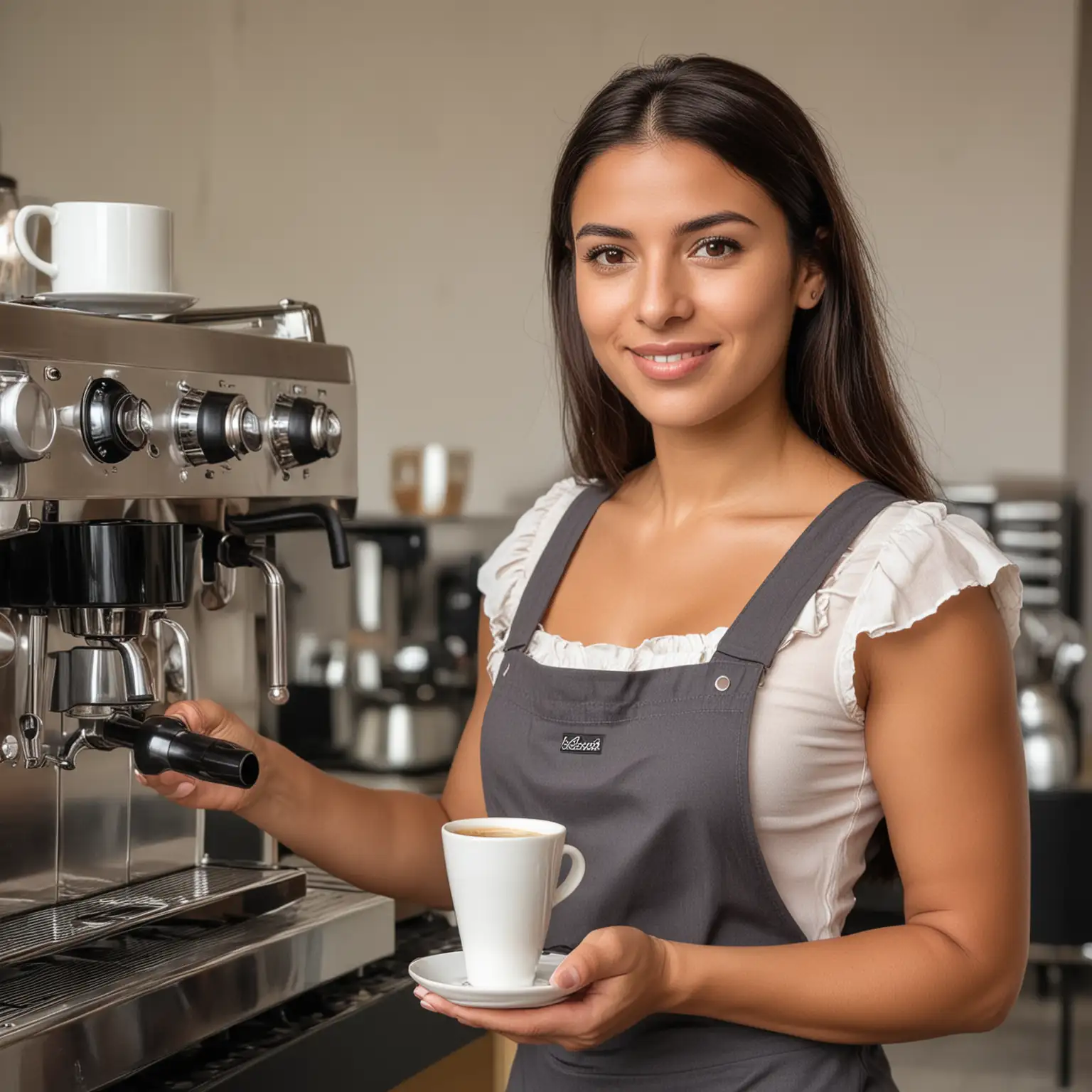 hermosa mujer colombiana con una taza de caféen su mano. Muestra una máquina profesional italiana de café en el fondo