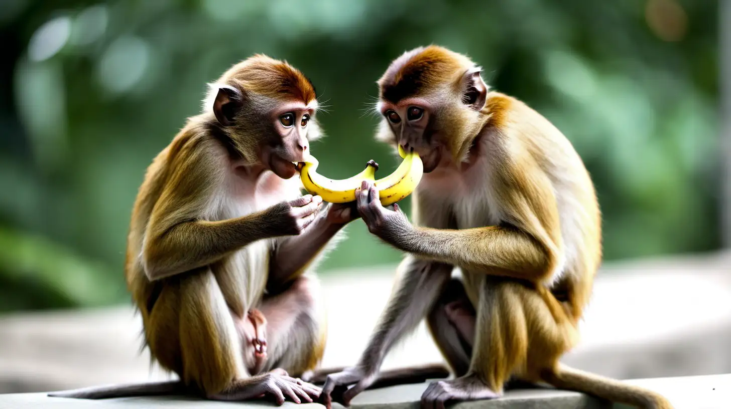 Two cute brown monkeys eating bananas