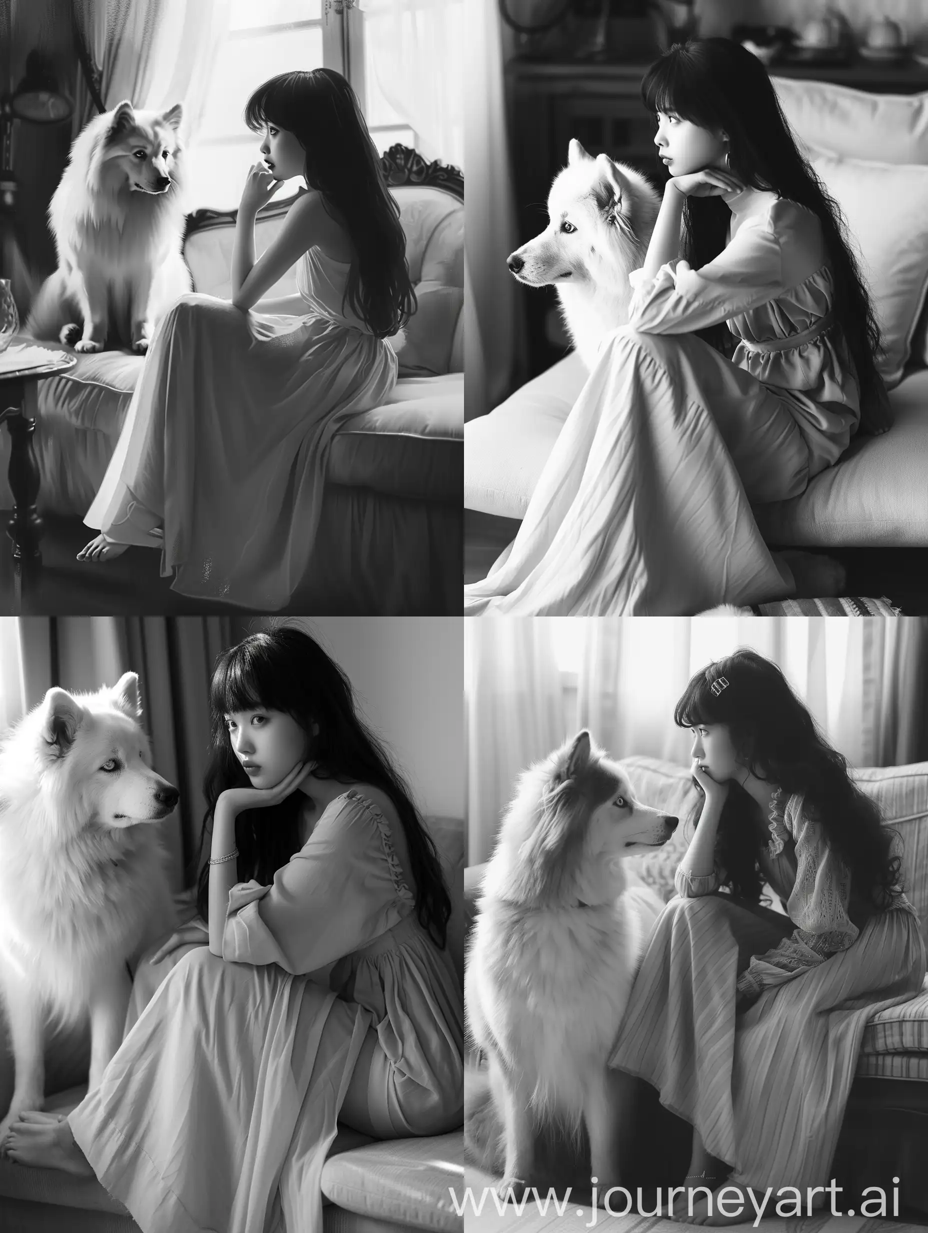 Girl-in-Long-Dress-Sitting-with-Samoyed-in-Cozy-Indoor-Environment