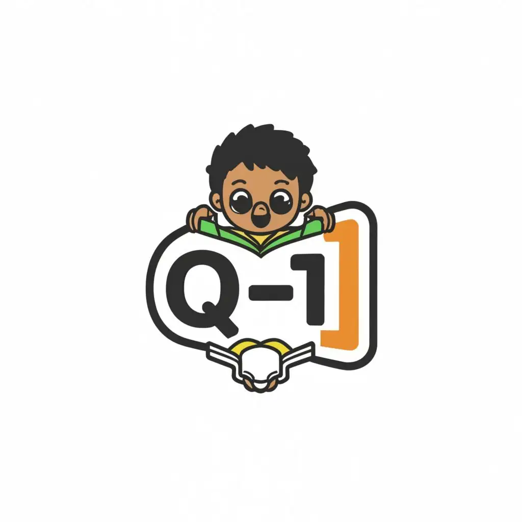 logo, a black kid who loves to read, on the bottom of the log write Q-1, with the text "Q-1", typography, be used in Education industry
