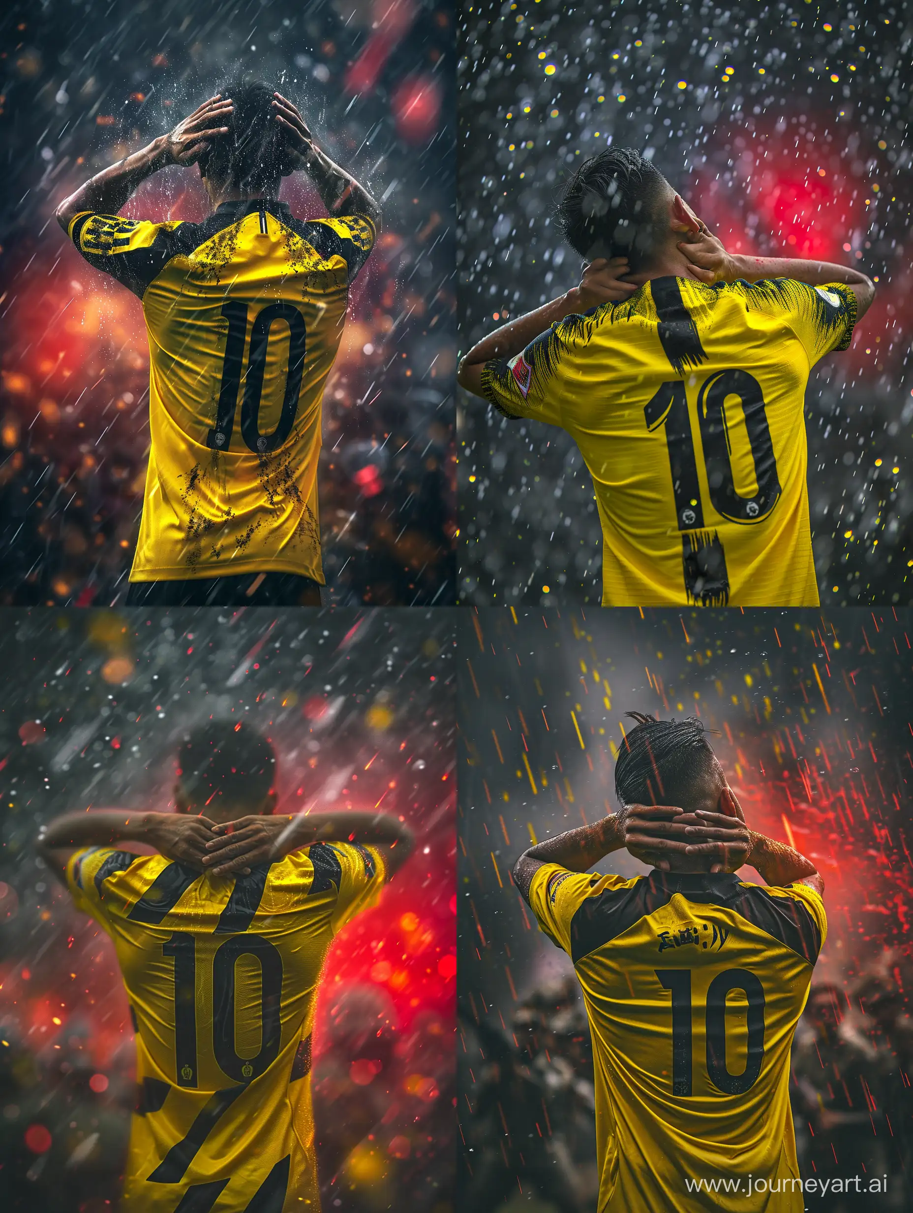 ultra realistic, a malaysian soccer player from behind. wearing a yellow and black jersey while holding his head up and his hands clasped around his waist. jersey number 10. little raindrops. war background. there is refraction of red and yellow light. canon eos-id x mark iii dslr --v 6.0
