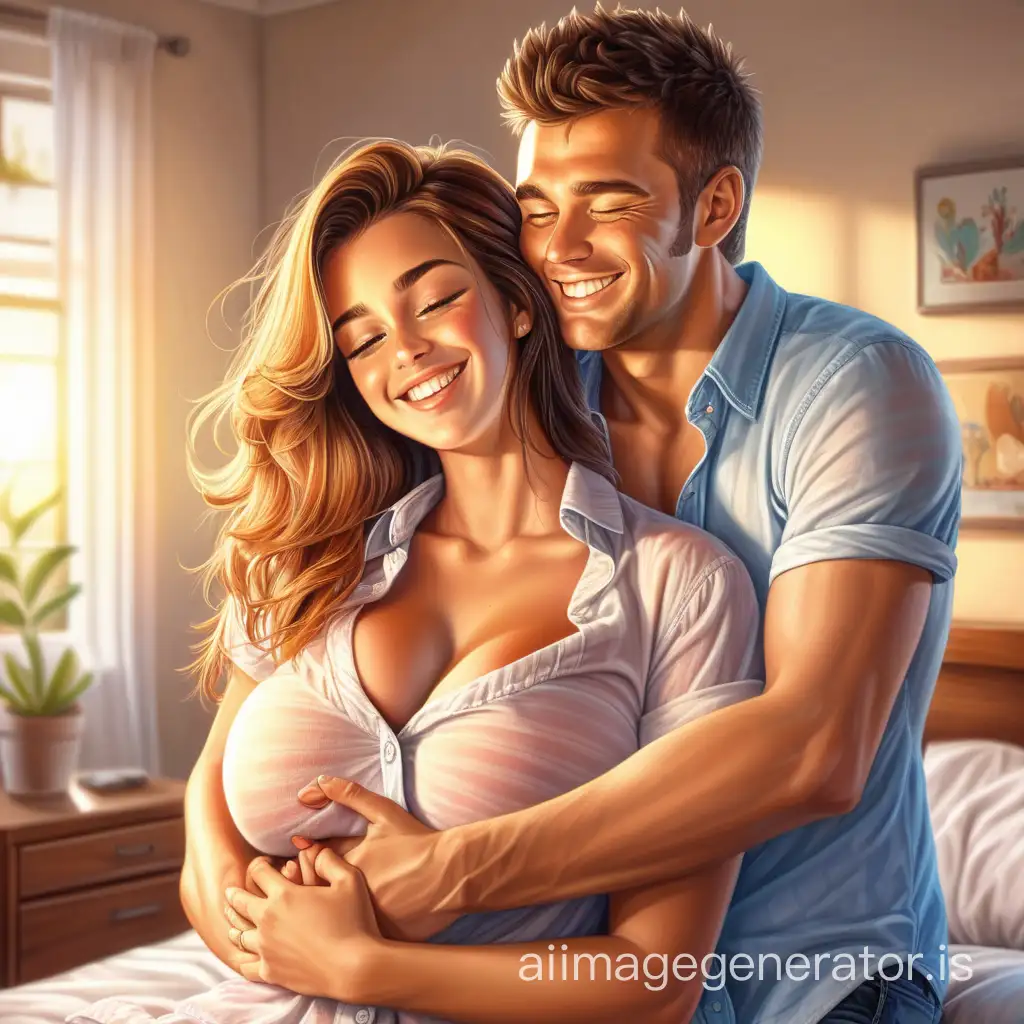 realistic style. The joyful guy and the sexy girl in a shirt with large breasts are hugging each other and sweetly smiling. in the bedroom. Highly detailed. Realistic. Sunbeams. Bright colors. She is enjoying and feeling pleasure. realistic style and soft lighting