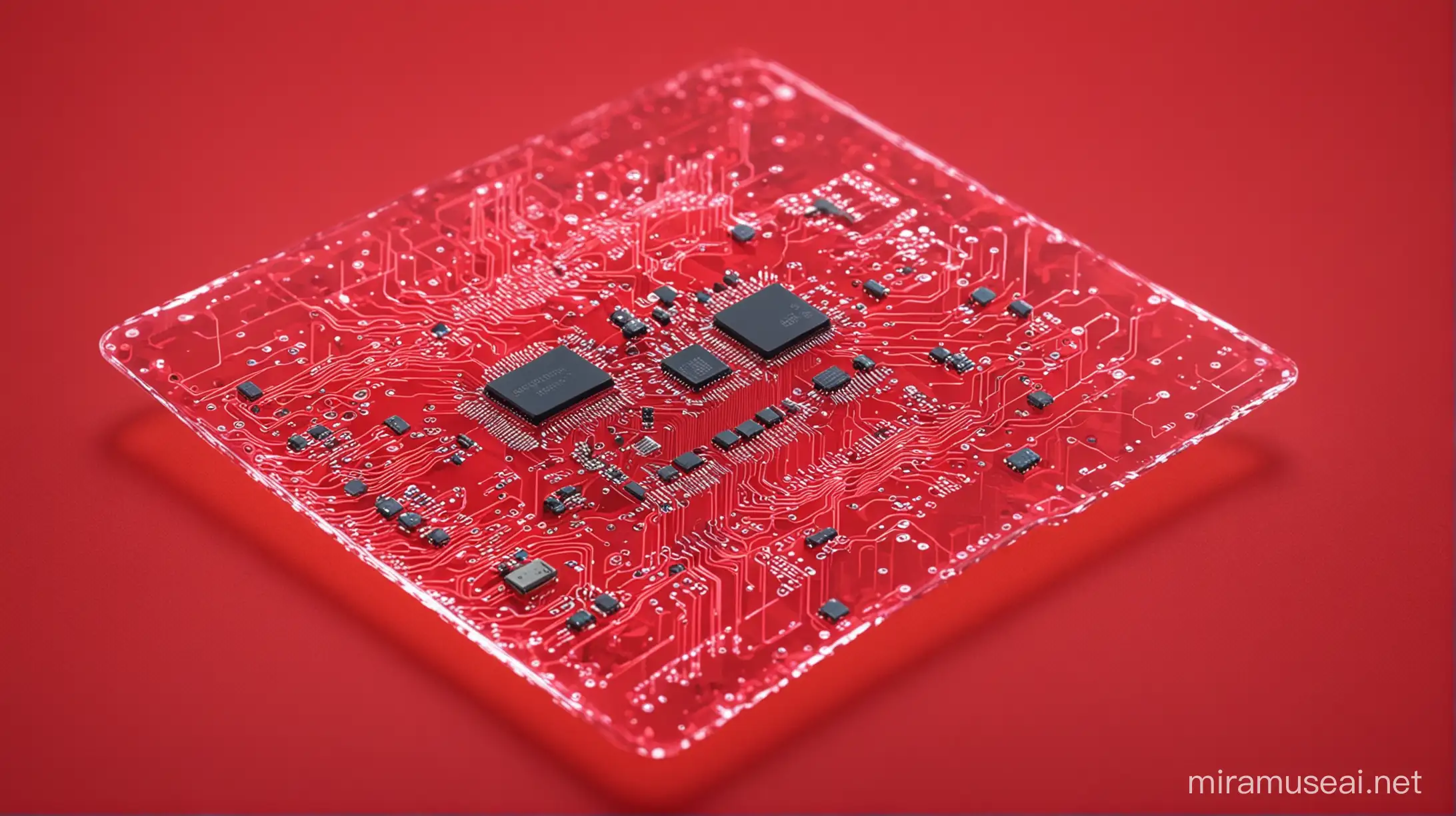 flying modern transparent card  on red background showing neon effect of electronic circuit 