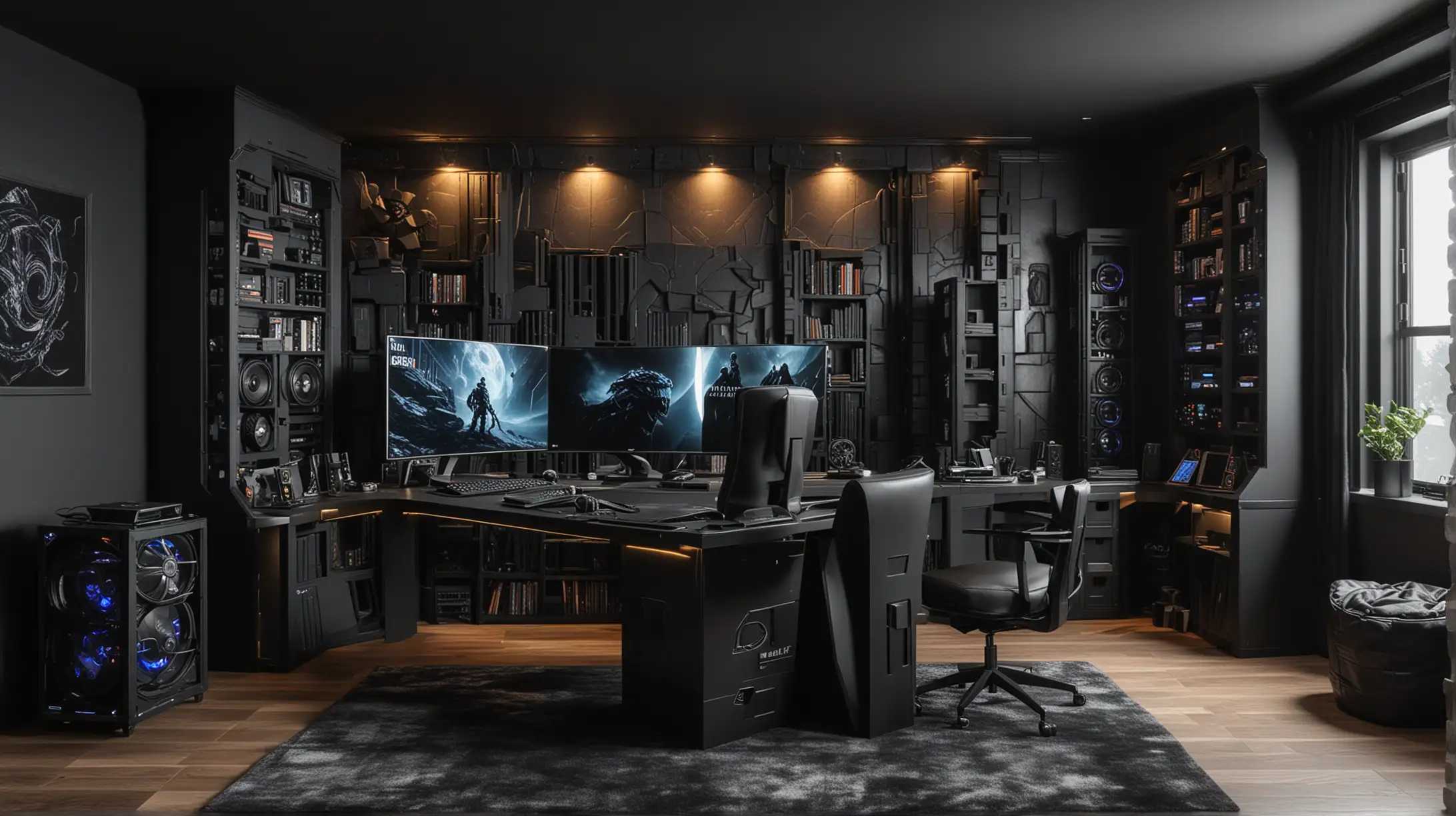 Sophisticated obsidian Fortress-inspired computer gaming setup room