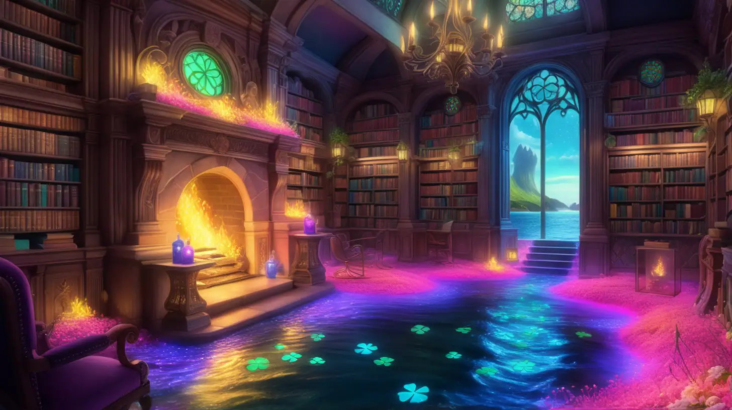 library with potions creates path to fairytale magical bright-yellow-pink-green-blue-purple glowing flowers in a glowing bright pink river and ocean side with blue-fire lava and magical green shamrocks growing out of it and a giant fireplace