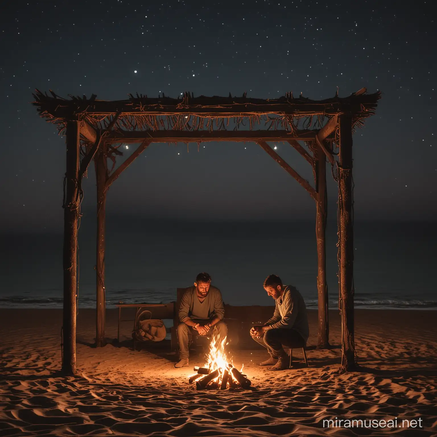 A man sitting on the beach at night on the sand under a rusty iron canopy facing the sea by the fire, hugging his knees and crying.