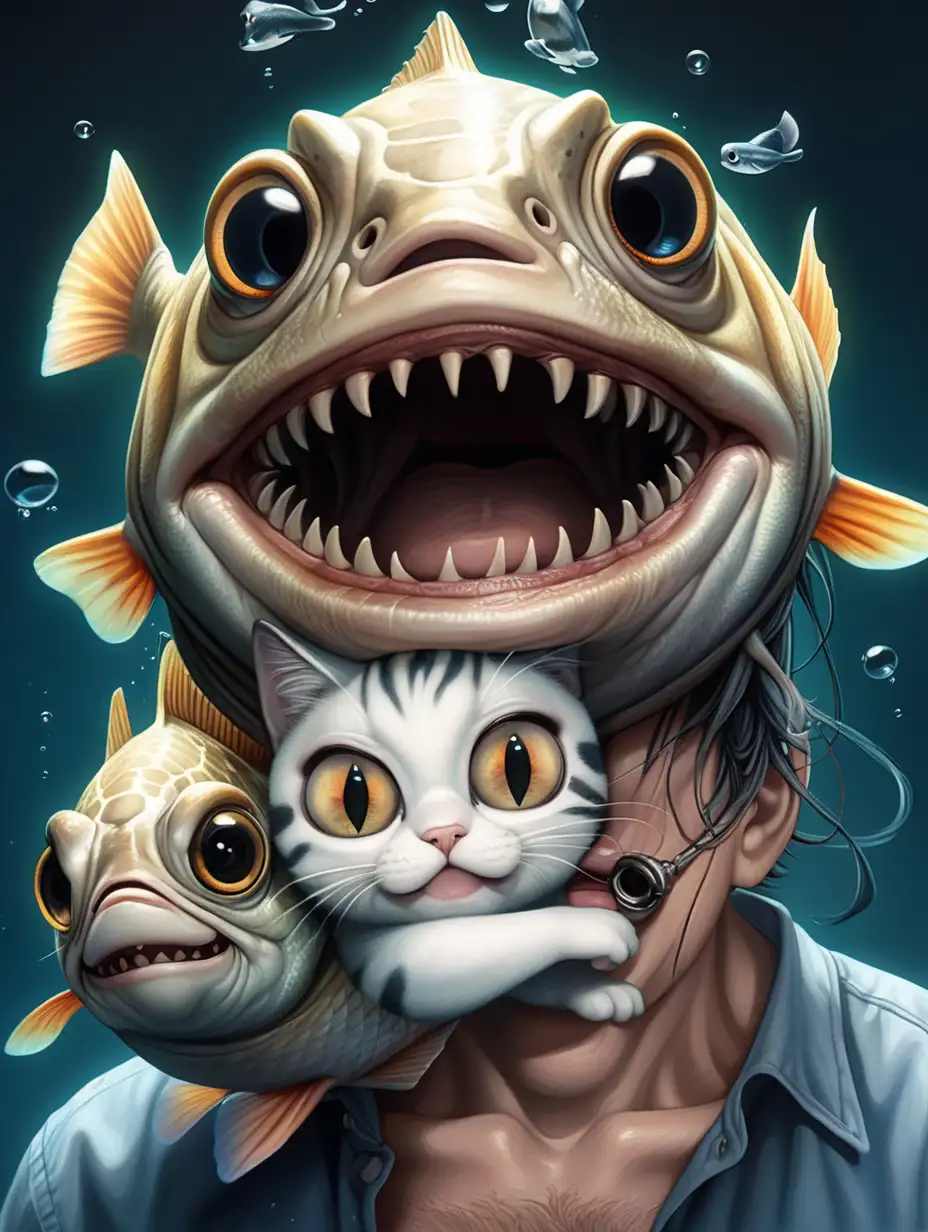 fish eyes, fish head on person body, huminoid j style, horror from beyond, fish head person, person with fish head, smiling hollowly, loves cats, dumb face, black eyes, eyes are windows to the deepest hells, fisherman, fishman