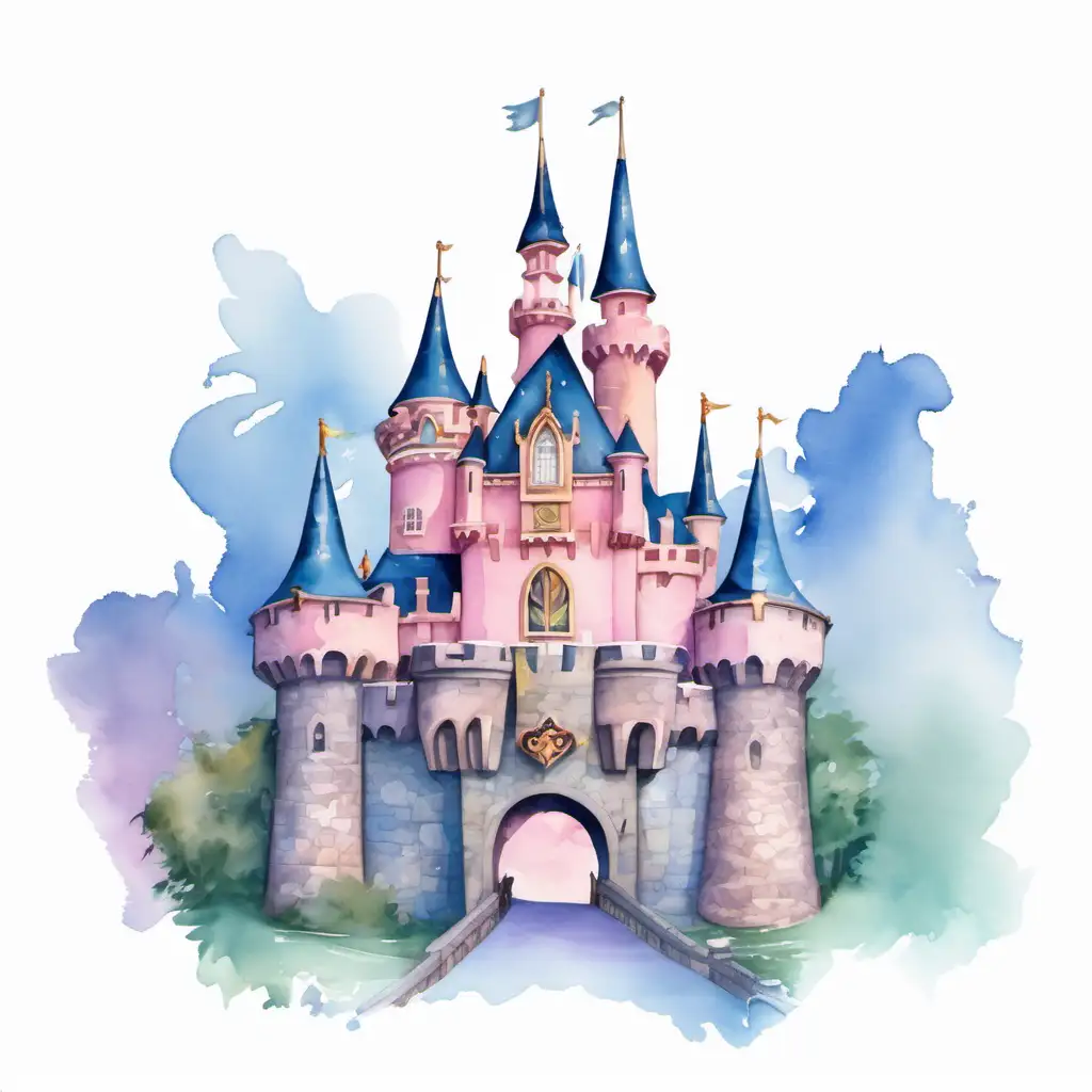 Make similar high resolution images depicting Anaheim's Disneyland Sleeping Beauty Castle, highly detailed. Subtle palm trees to the sides of the castle, pale pink, purple, rose gold, gold, and pale blue accents. A bridge leading across a moat with stone walls leads through the castle gates to king Arthur's Carousel, with majestic horses of all colors, visible in the distance through the castle gate. Watercolor edges must be visible on all sides. Medium: watercolor