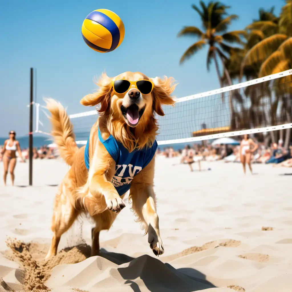 Golden Retriever Beach Volleyball Player with Sunglasses and Tshirt