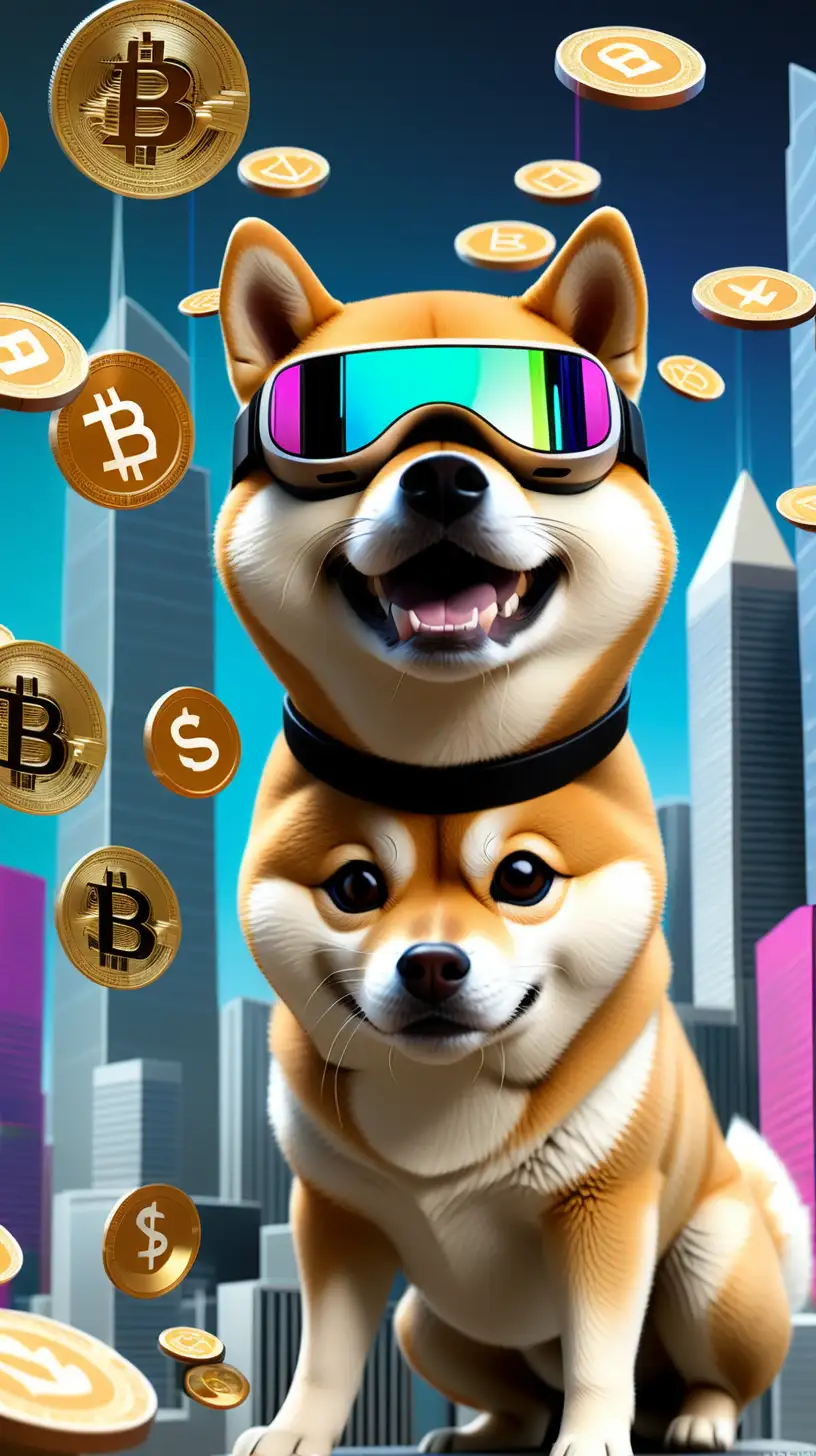 “Create a vibrant and futuristic scene with a Shiba Inu donning a virtual reality headset, interacting with holographic representations of various cryptocurrencies, while surrounded by towering digital coins and a skyline composed of decentralized finance platforms.”