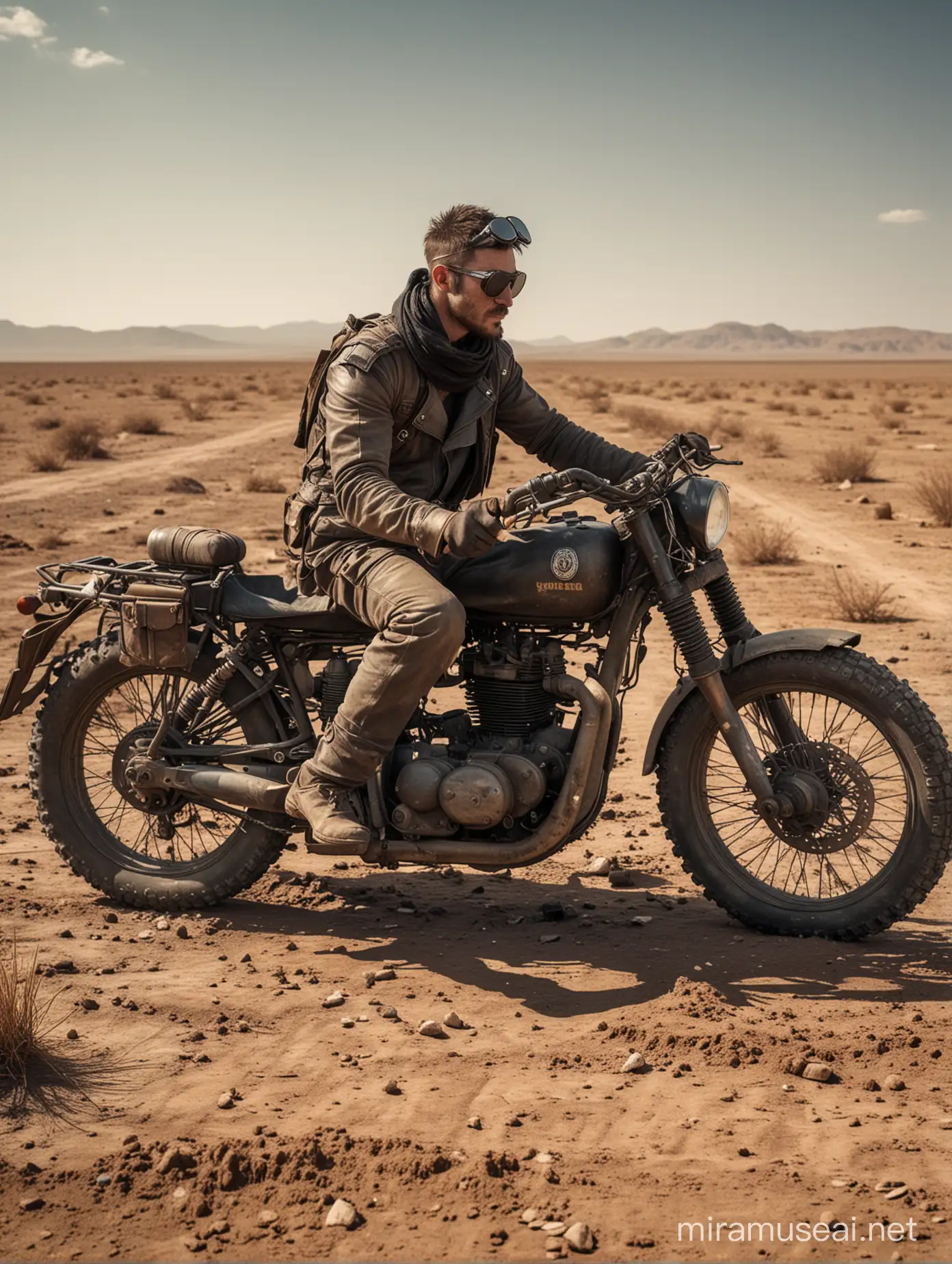 post apocalyptic field, cinematic lighting, drought, cyberpunk,a man in a old Enfield back,in dry field, with glass googles, sitting in bike, creating of scene in movie mad max fury,mad max fury,