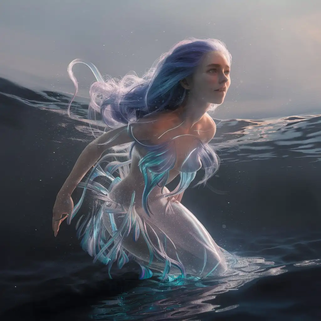 Water nymph with long violet-blue hair emerges from the depths of the sea, full-length, transparent, beautiful, very precise details, morning, unreal engine 5, production rendering of cinematic character, super high quality model, bright holographic gradient, flickering light, ray tracing reflections, radioluminescence, dreamy glow, super detailed, 8k