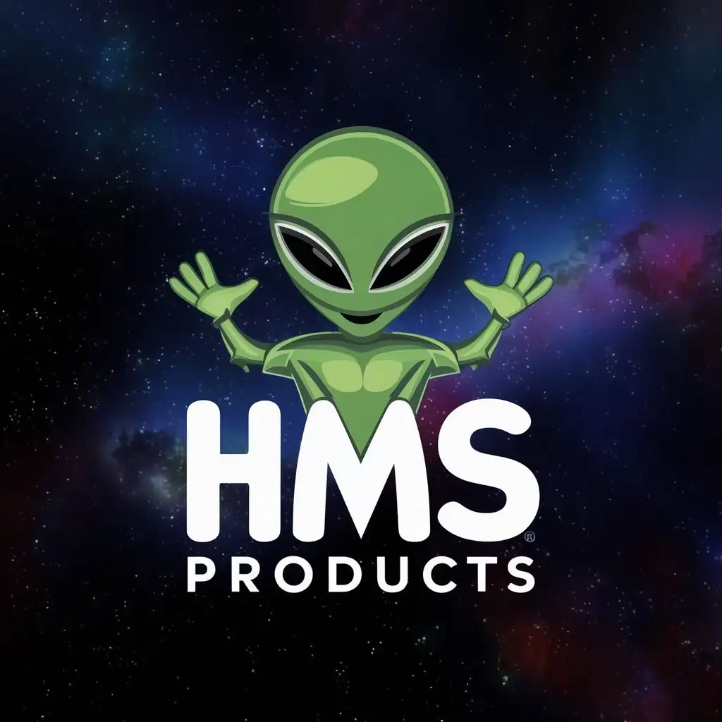 LOGO-Design-For-HMS-Products-Playful-Green-Alien-with-Bold-Typography-for-Entertainment-Industry