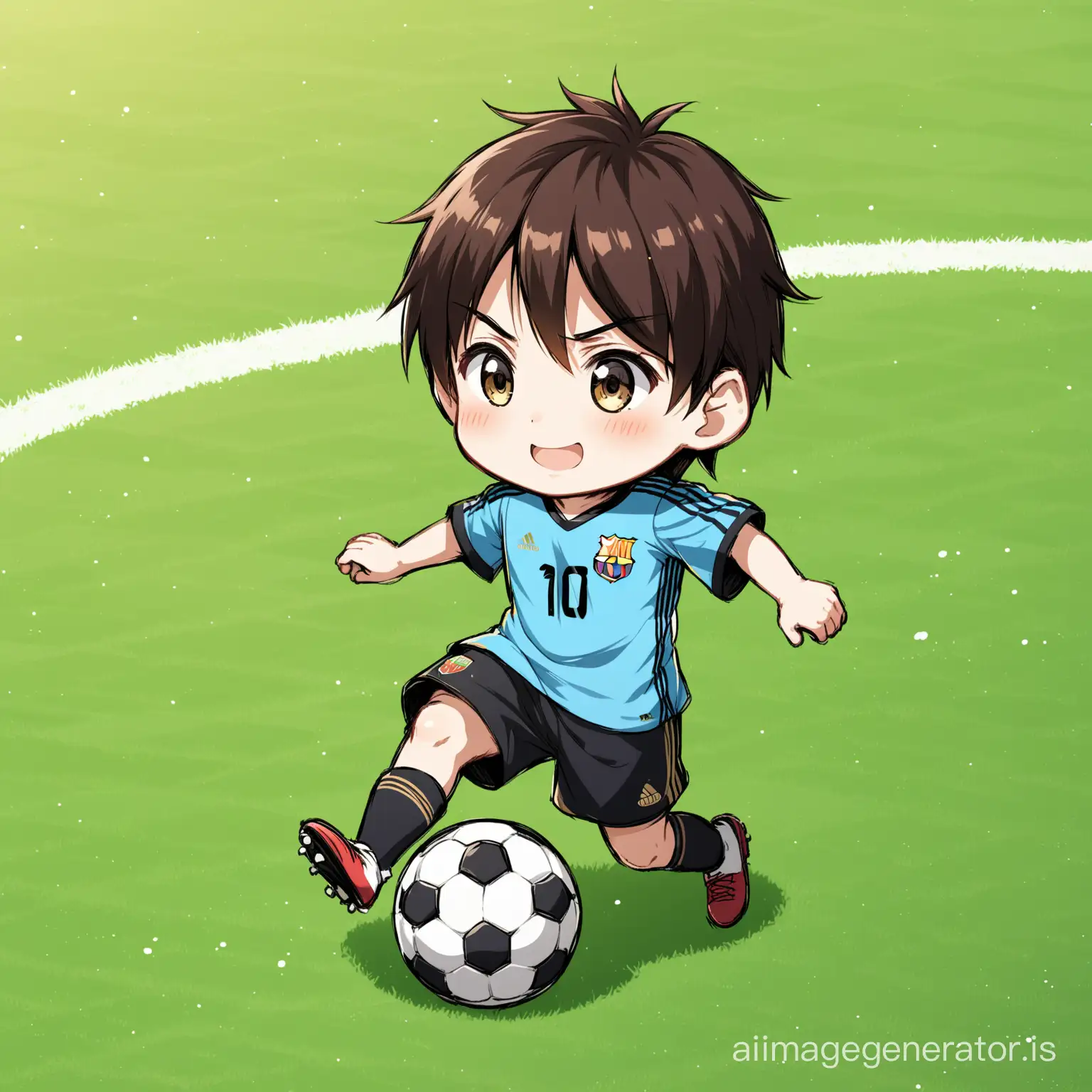 cute little Messi playing football in terf, anime character