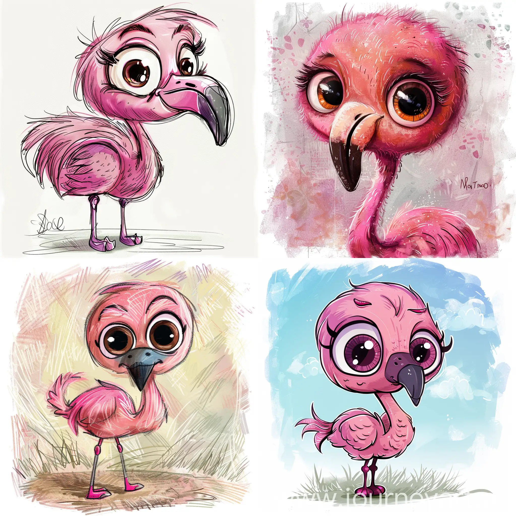 flamingo, pink, cute, drawing style, big eyes