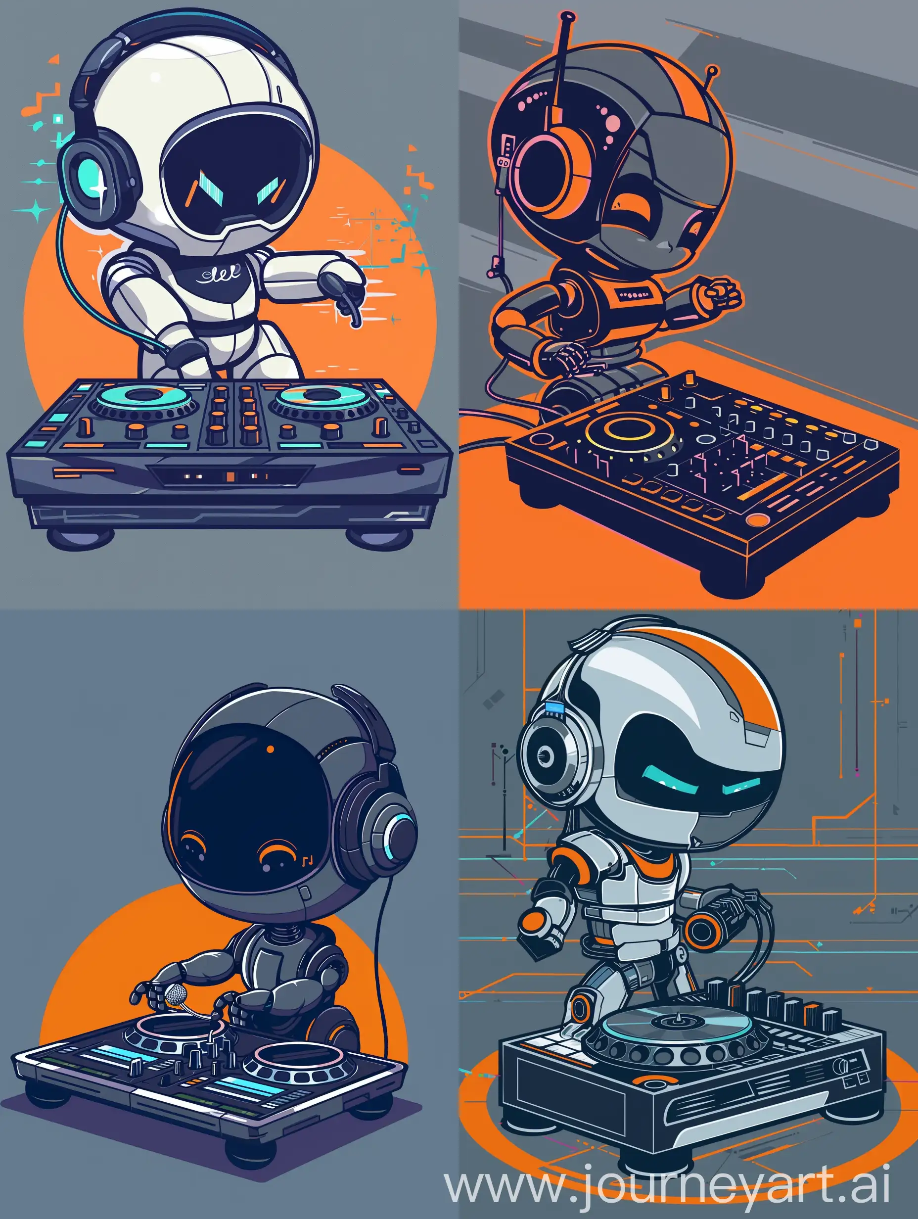 chibi anime robot playing dj, with grey orange blue solid background, strong lines
