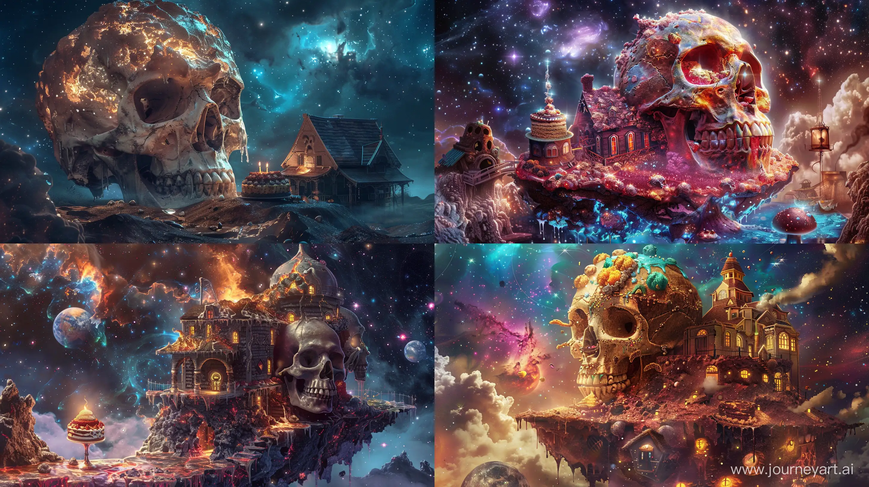 if a beautiful delicious skull and cake and house  merged together, in the galaxy, fantasy style, realistic --ar 16:9