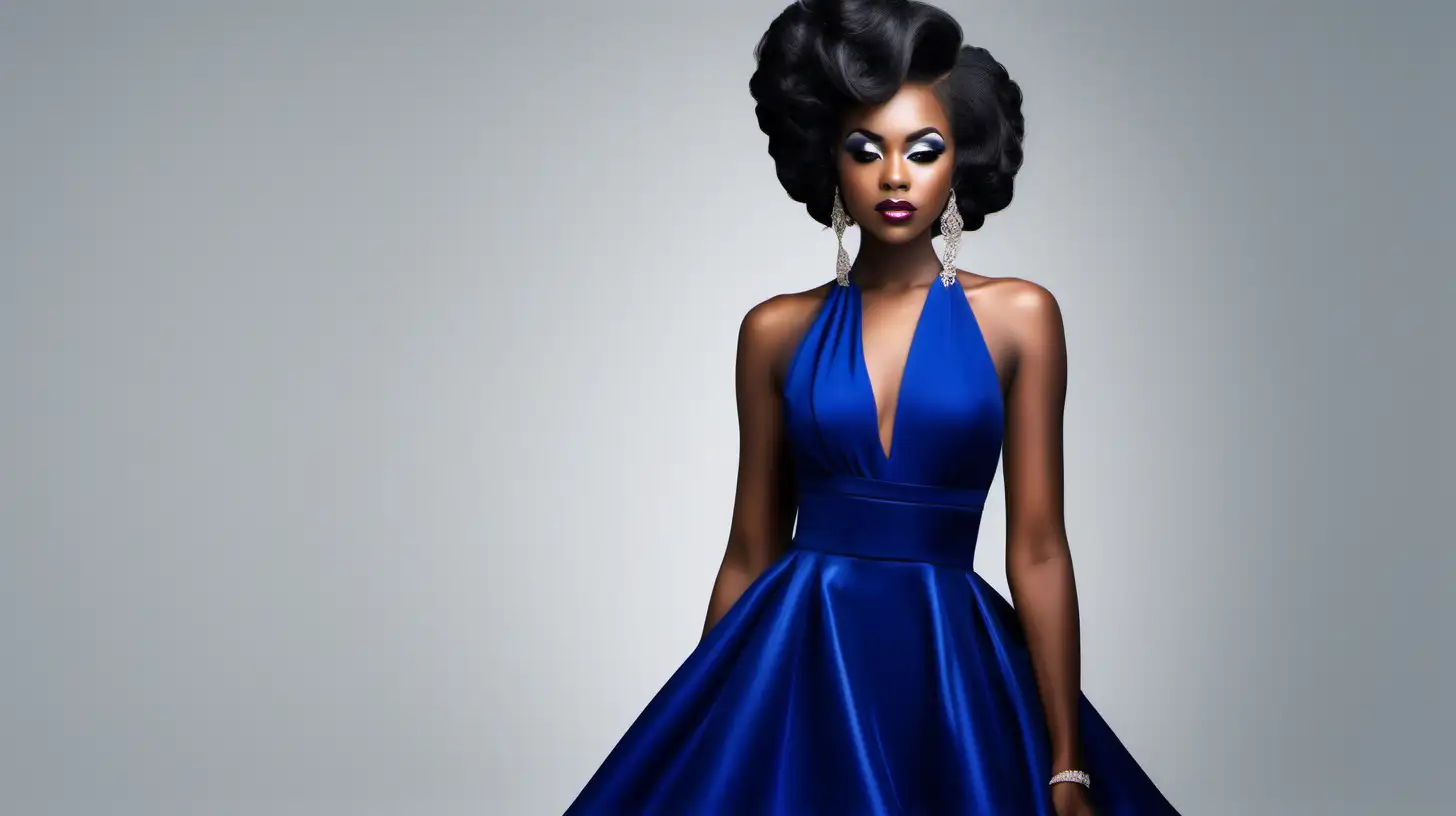 Elegant Black Lady in Royal Blue and White Formal Dress with Glam Makeup