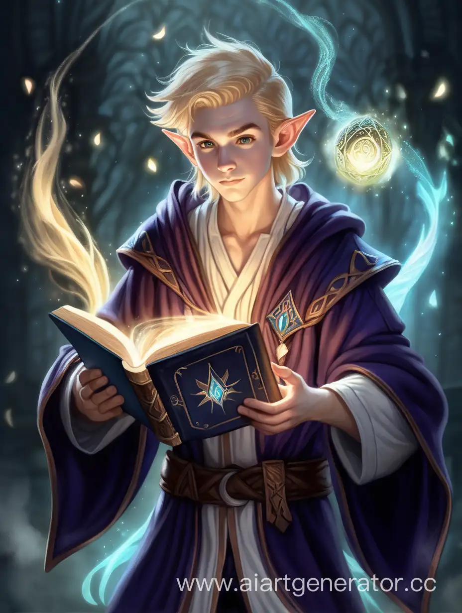  молодой авантюрист эльф маг парень  , со светлыми волосами и бледной кожей , в магической мантии с магической книгой летающей вокруг в стиле DnD в темных тонах

