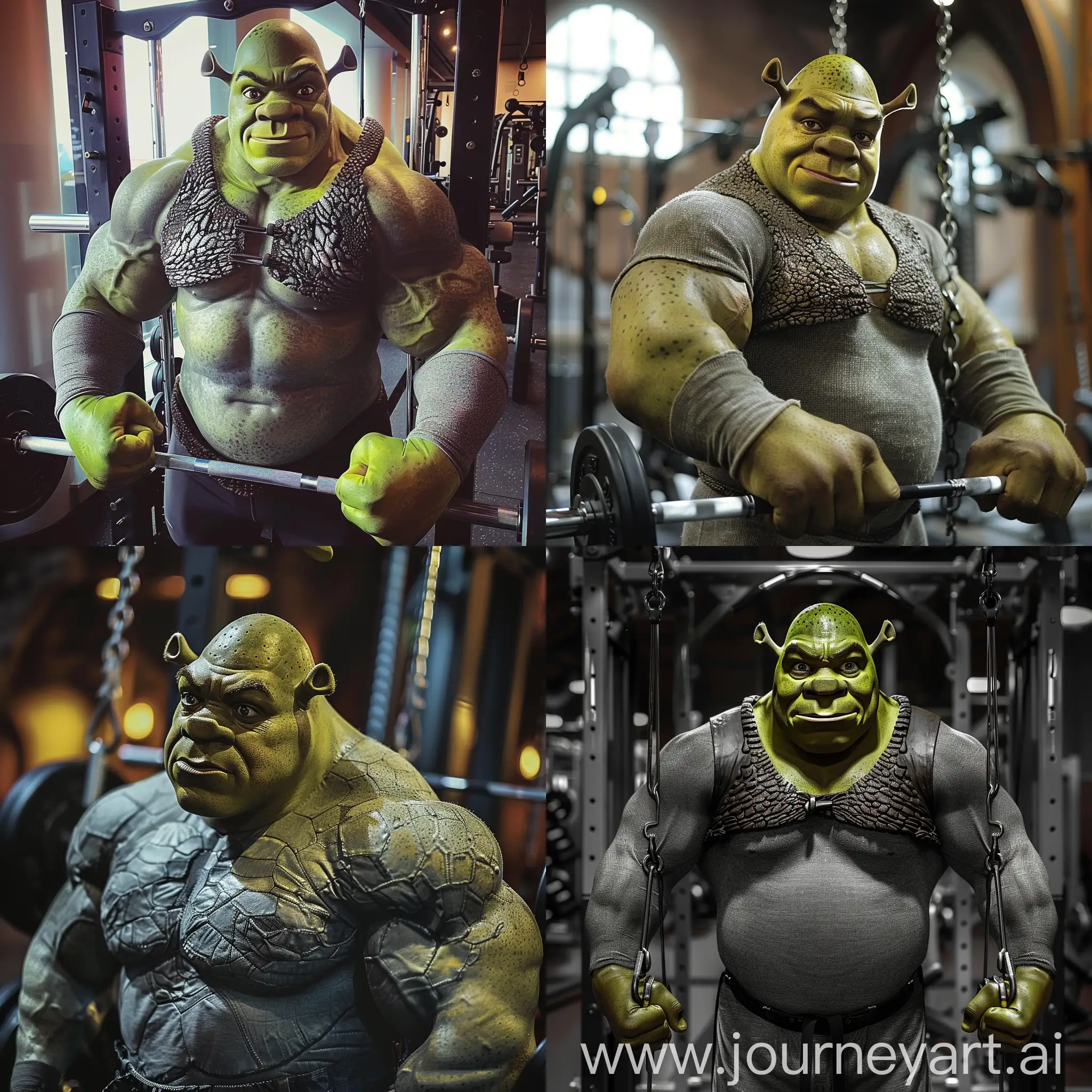 A pumped-up strong fit shrek with sharp cheekbones in the gym