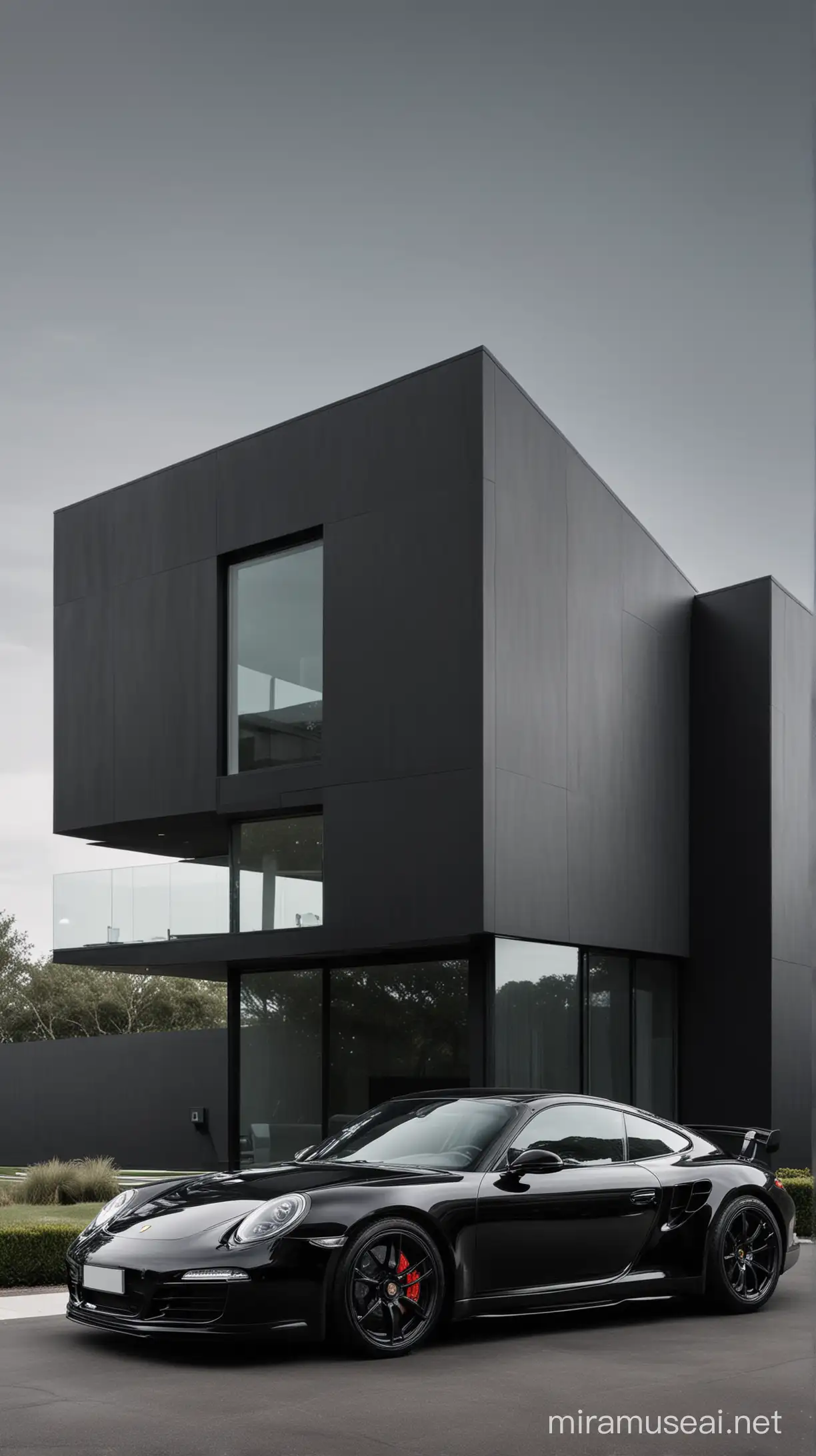 Give me a black Porsche in a  
minimalist black house with glass Windows