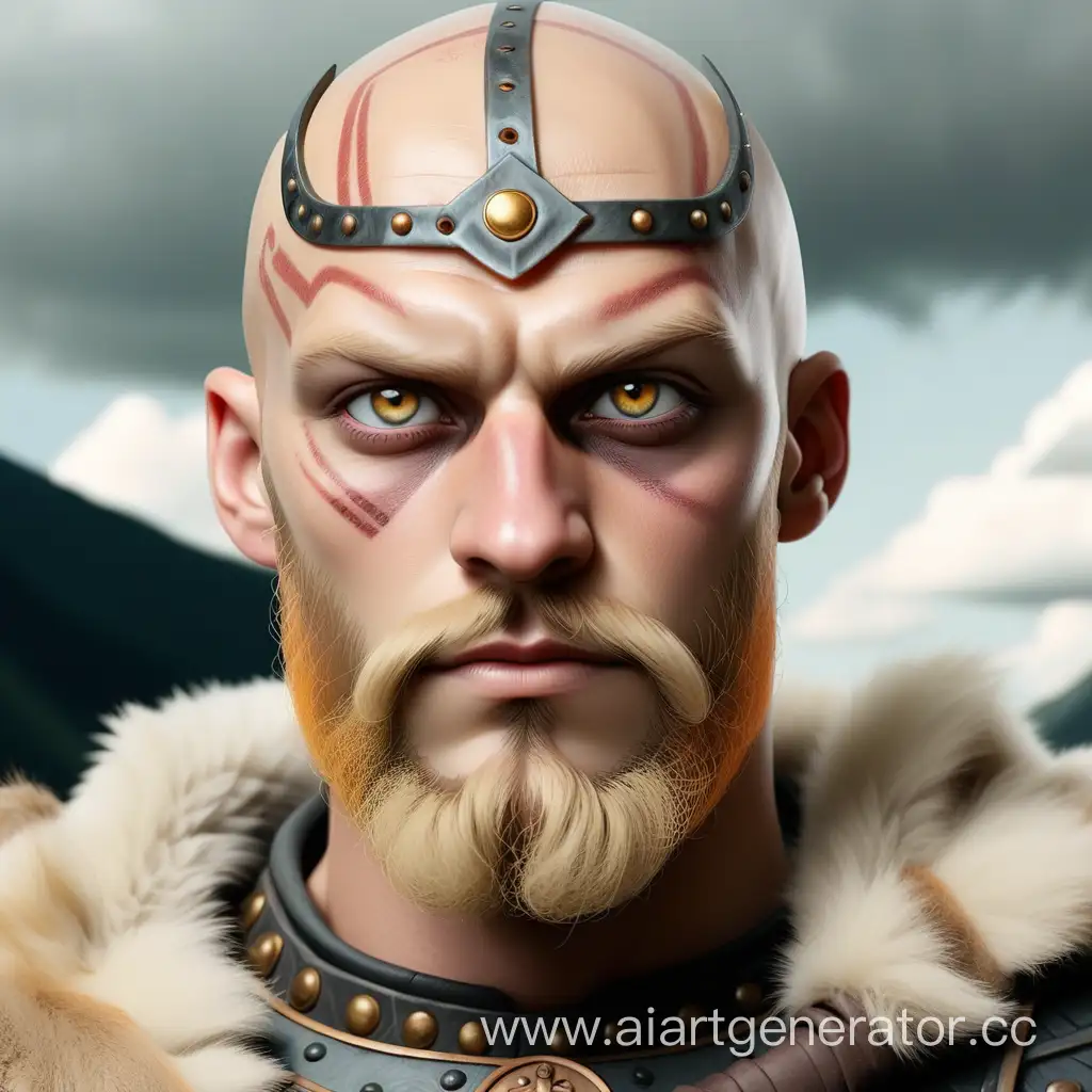 Half germanic half german man a viking king bald head dirty blonde beard and amber colored heterochromia and grey eyes