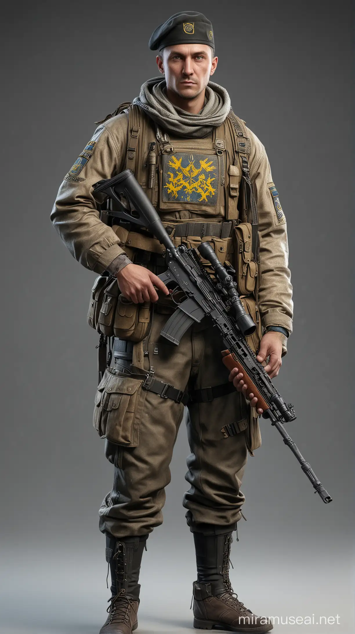 A full-length sniper with Ukrainian symbols on his clothes. In the hand of a sniper rifle.Hyperrealistic. 8к