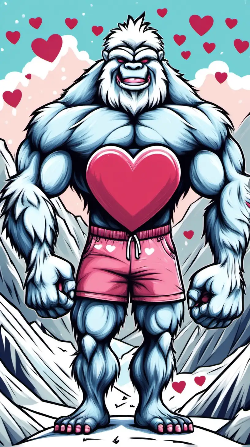 buff yeti, strong yeti, muscular yeti, holding a heart, valentines day, smiling, valentines day card, snowy mountain, wearing shorts