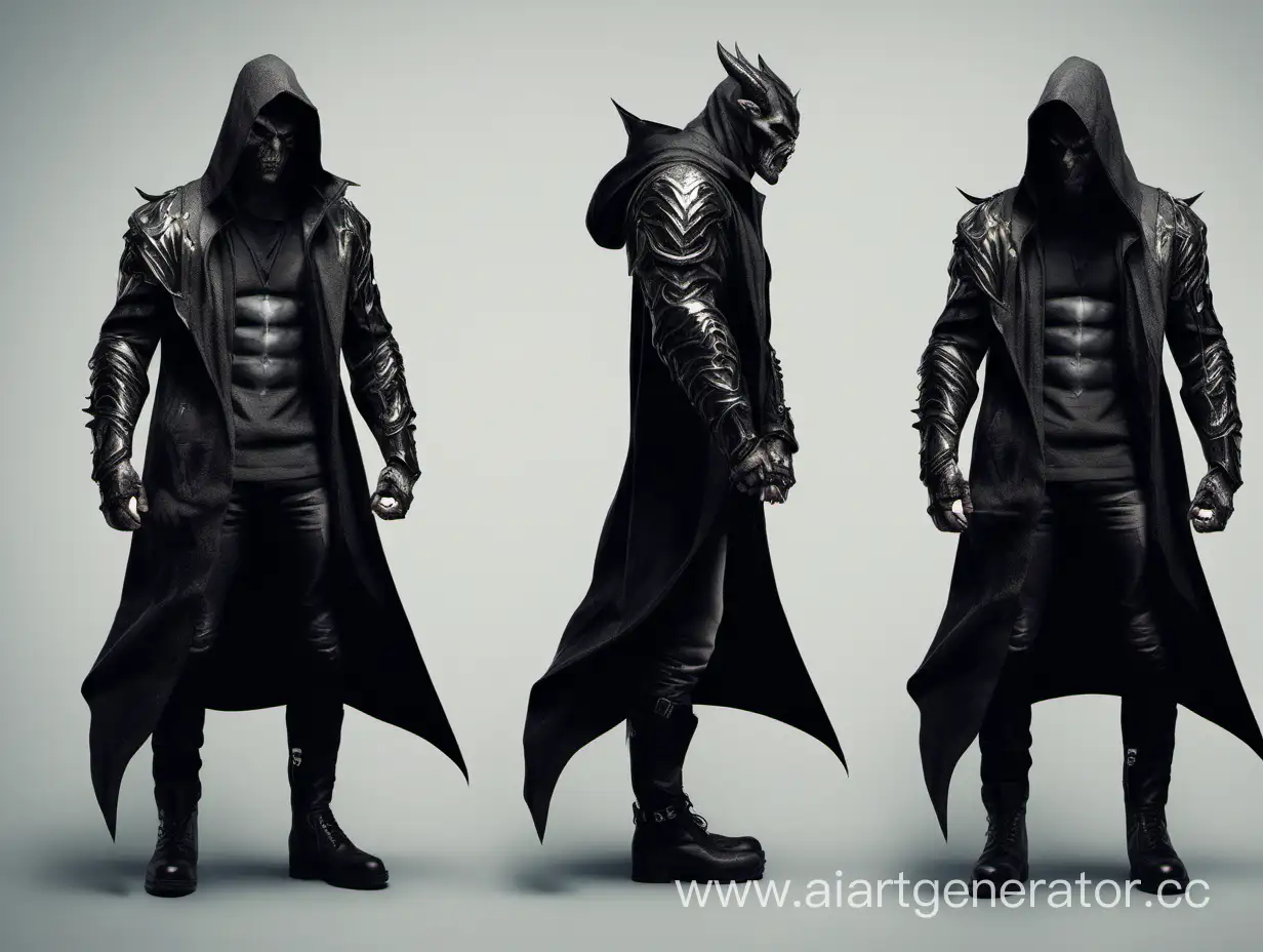 demonic superhero wearing long jacket, hood, armour