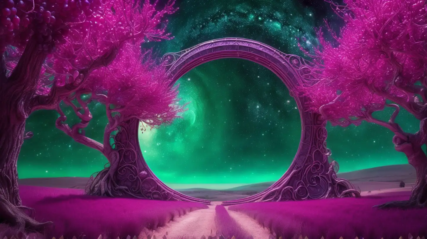 fairytale-magical grape trees -magenta-green forming a portal that shows outer space astroids