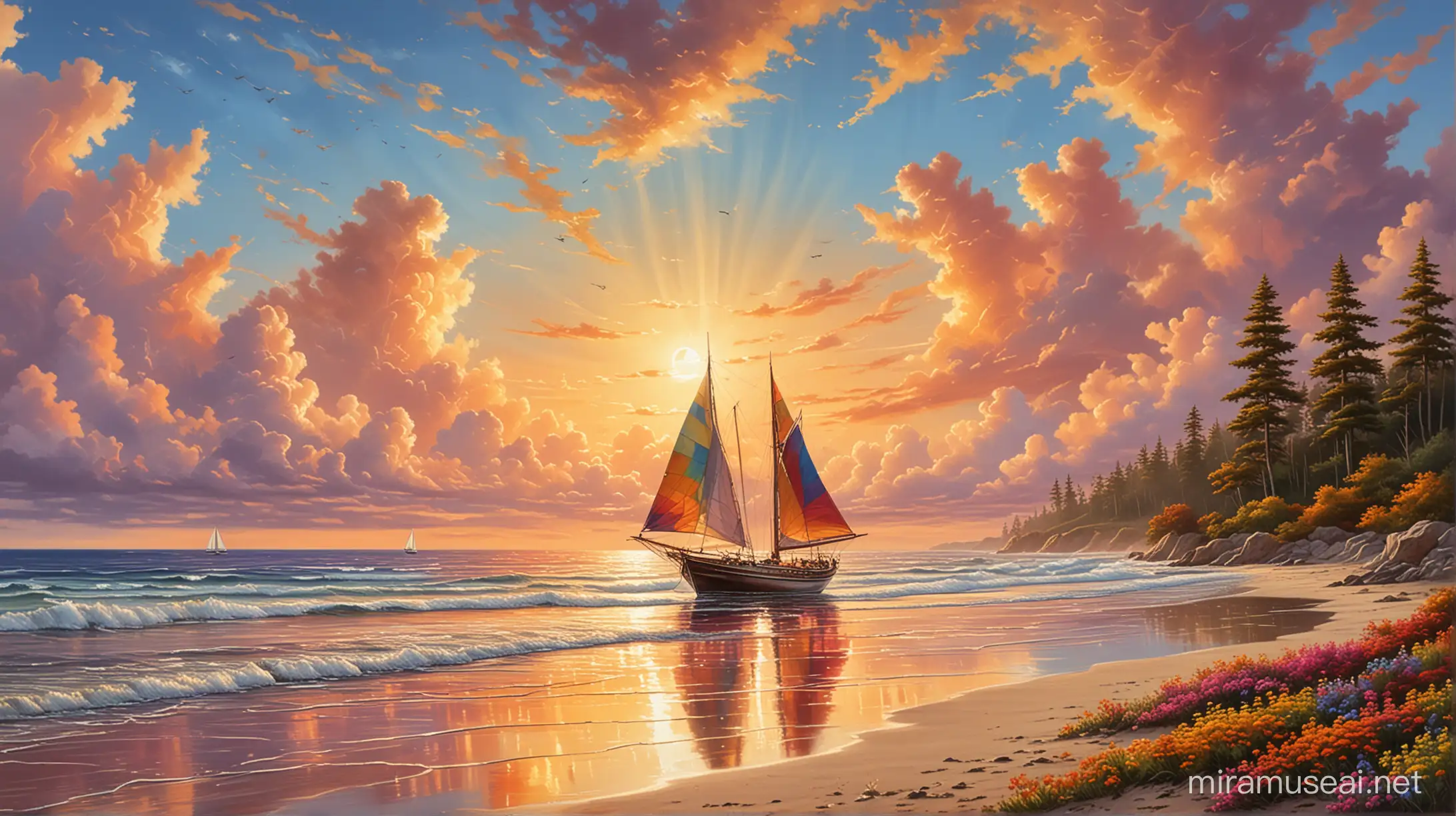 /imagine a artist rendering of an oil painting with
 multicolored cloud sky and sunset above an ocean with all the colors of the clouds refelected on the ocean service.  There is a beautifully depicted artist close up of a beautiful sailboat with all of it's sails up.  Along the shoreline are beautiful tall trees with multicolored ground flowers.  The sand is golden and sparkling