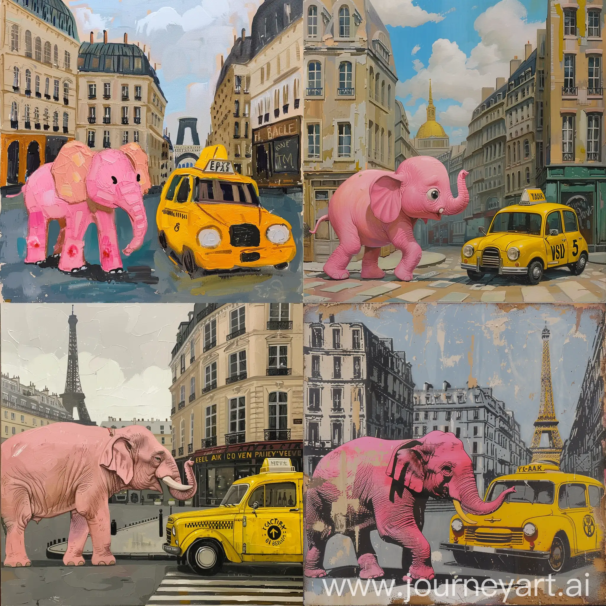 Whimsical-Pink-Elephant-in-Paris-with-Giant-Yellow-Taxi