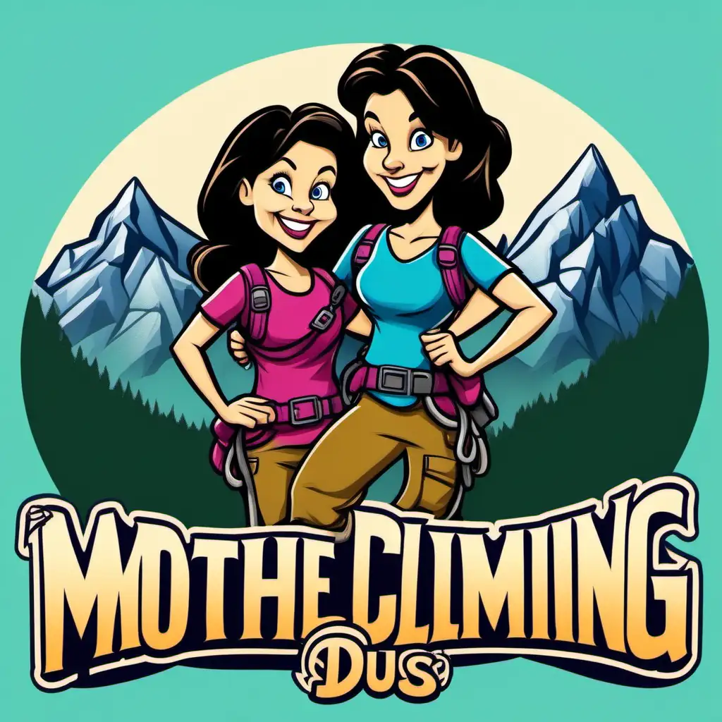 Logo for a mother daughter mountain climbing duo. Elaborate cartoon in the style of disney cartoons. They're both caucasian, mother has dark hair, daughter is a brunette. Mother is 65 years old and the daughter is 40.