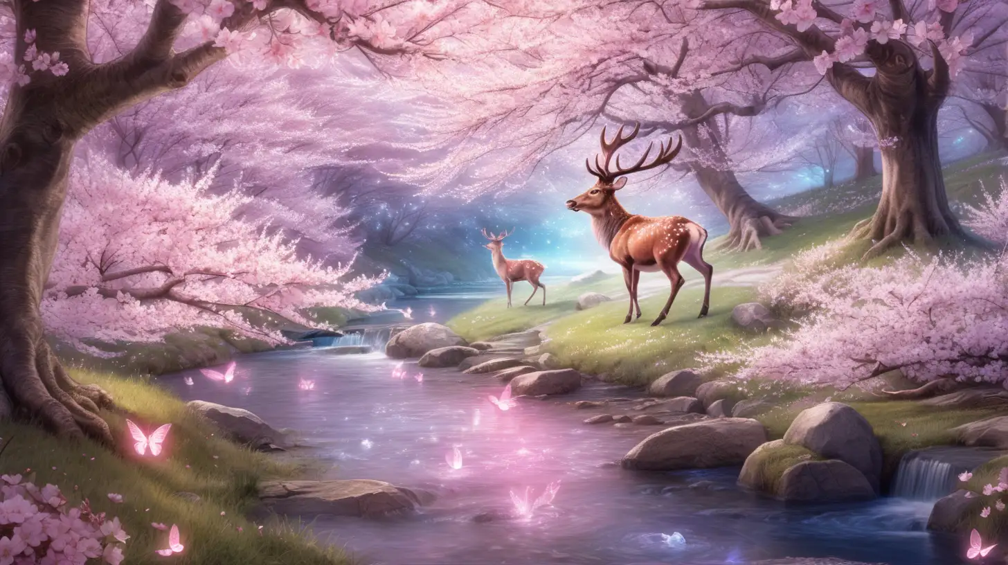 Enchanted Cherry Blossoms with Luminescent Stag by a Stream