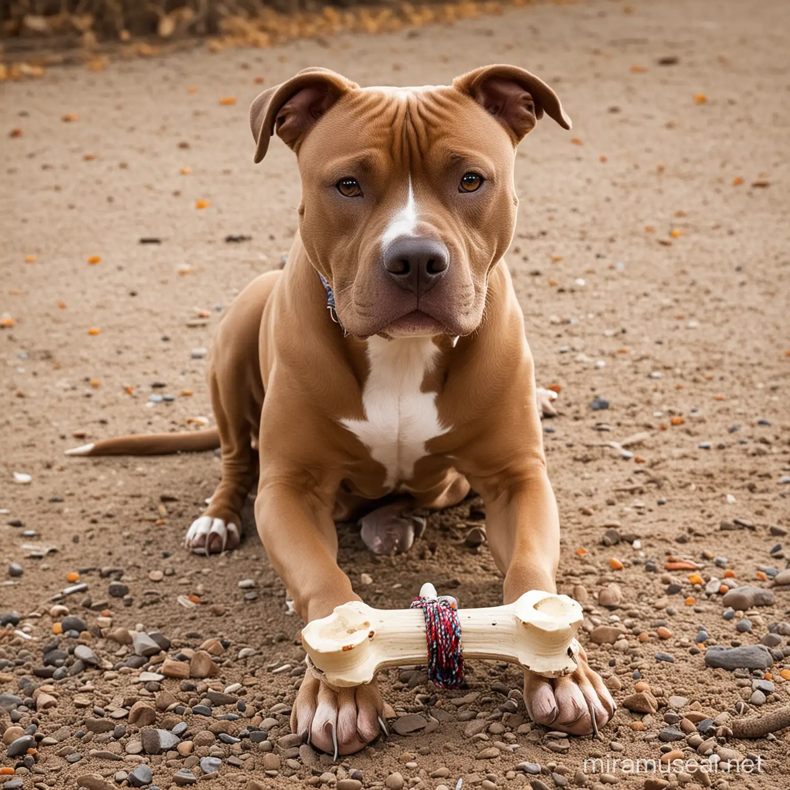 A pitbull with a toy bone.