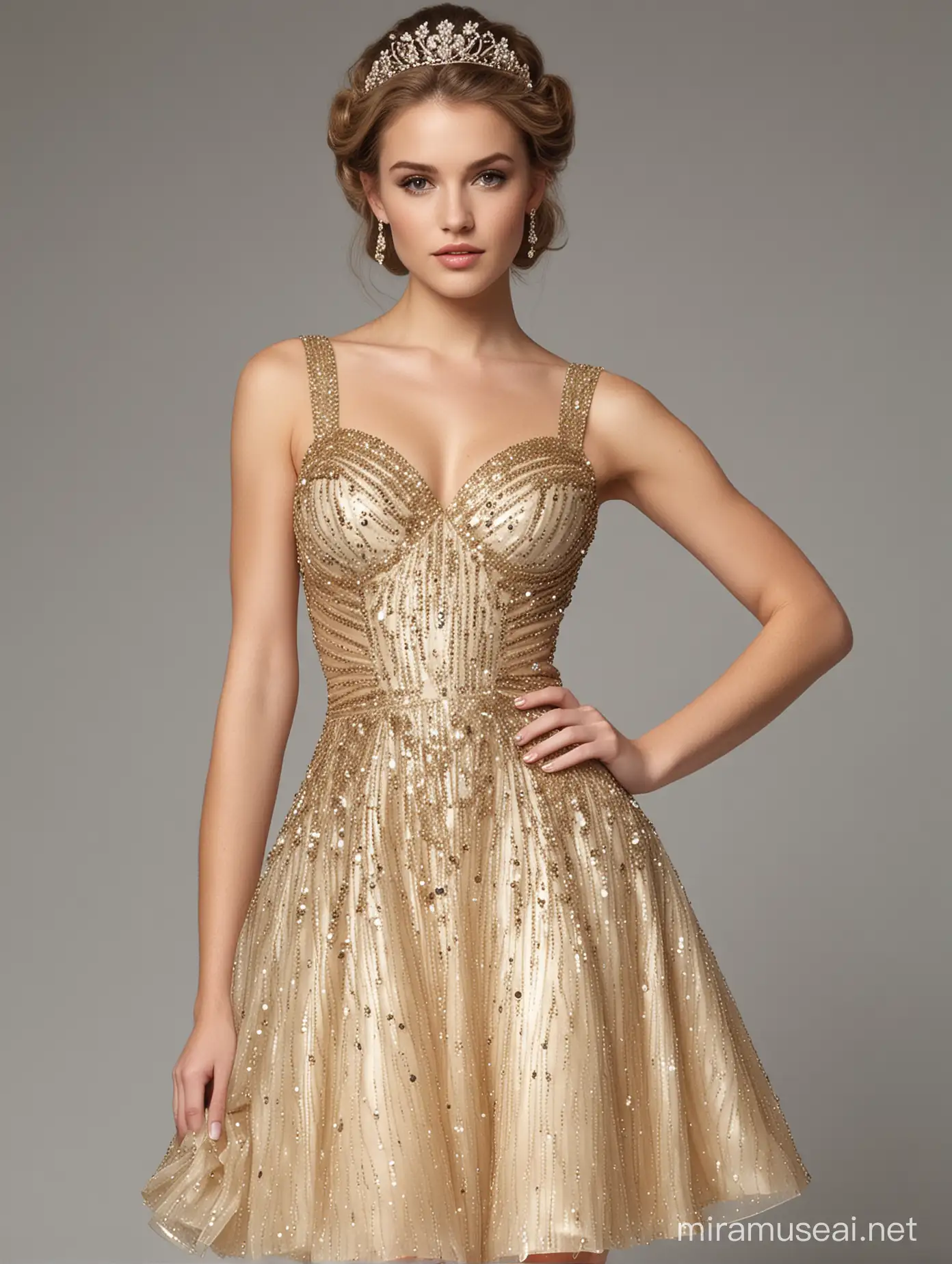 I want same dress with an expensive hair style.

Should be a white lady. The dress should have beautiful crystals because it's a party dress. It must be short or mini and fitting. Must be gold and expensive. Should fit the model