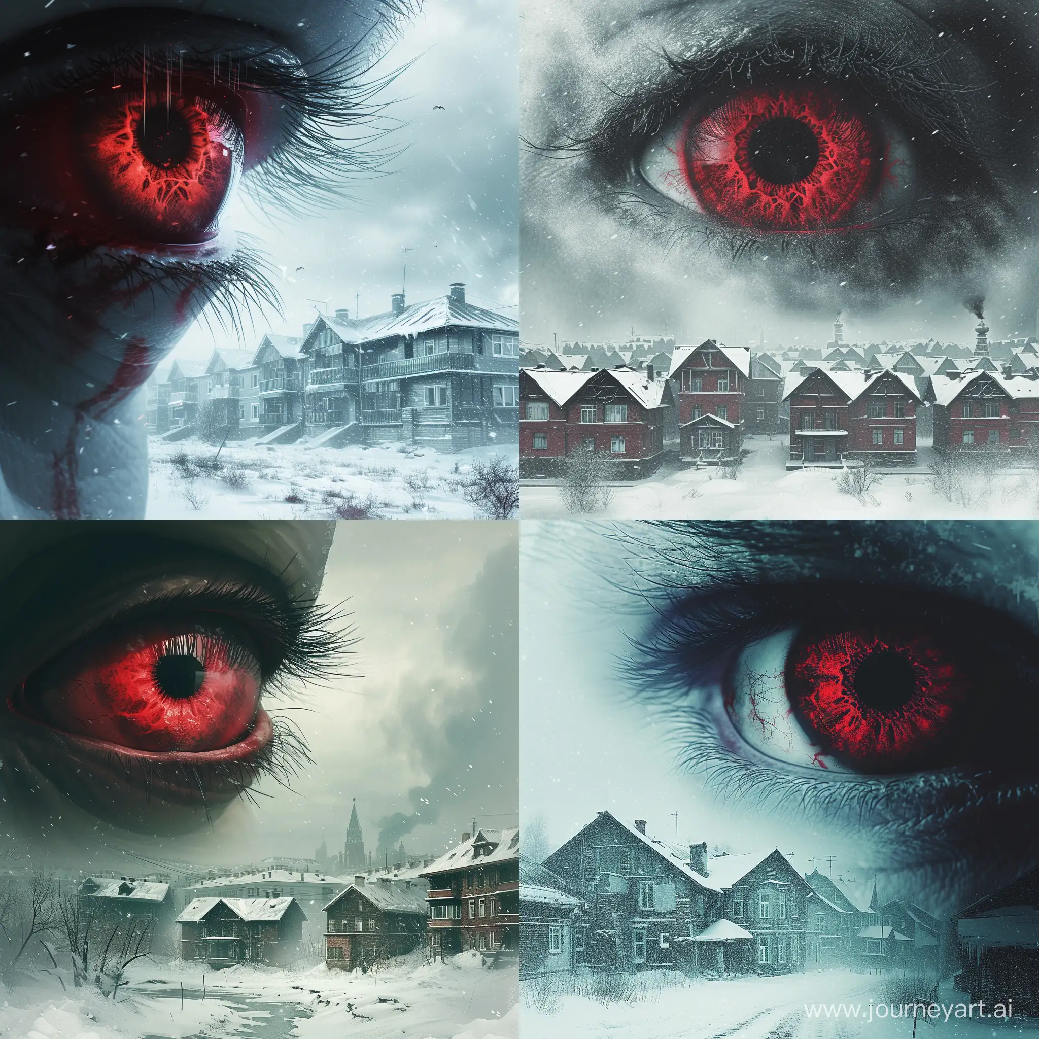 A red human eyeball stares into the distance pondering the consequences of the past, against a backdrop of snow and blizzard, 20th century Russian seven-story houses, in a setting of utter hopelessness and remorse, in dramatic style