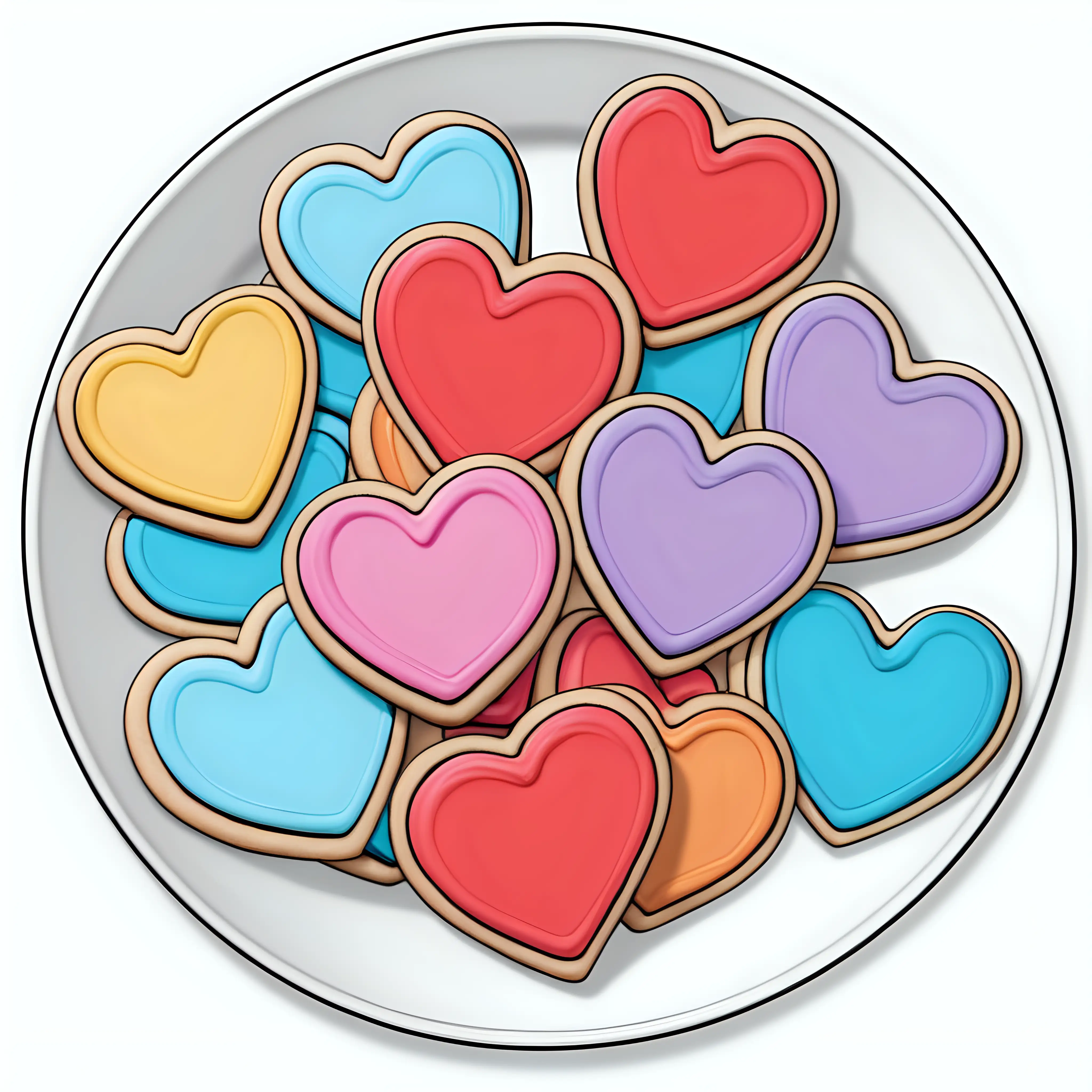 Heart-Shaped Cookies: A plate of heart-shaped cookies ready to be decorated with colorful icing for for coloring book with crisp lines and white background. Make it an easy to color design for children. --ar 17:22