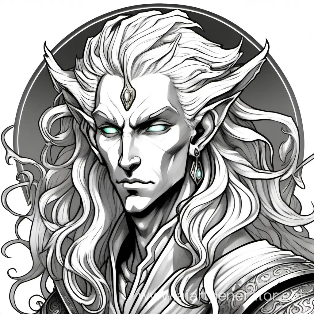 Fantasy shiny stone coloring dungeons and dragons D&D 5e changeling character with long, white, curly wavy hair pulled back style. White gray, lifeless skin. High, handsome cheekbones. Sleek, slender physique and face. Androgynous. Handsome and beautiful. Big, white, upturned eye shape. Pointed ears. Charming, statuesque, flat chest. Ultra HD