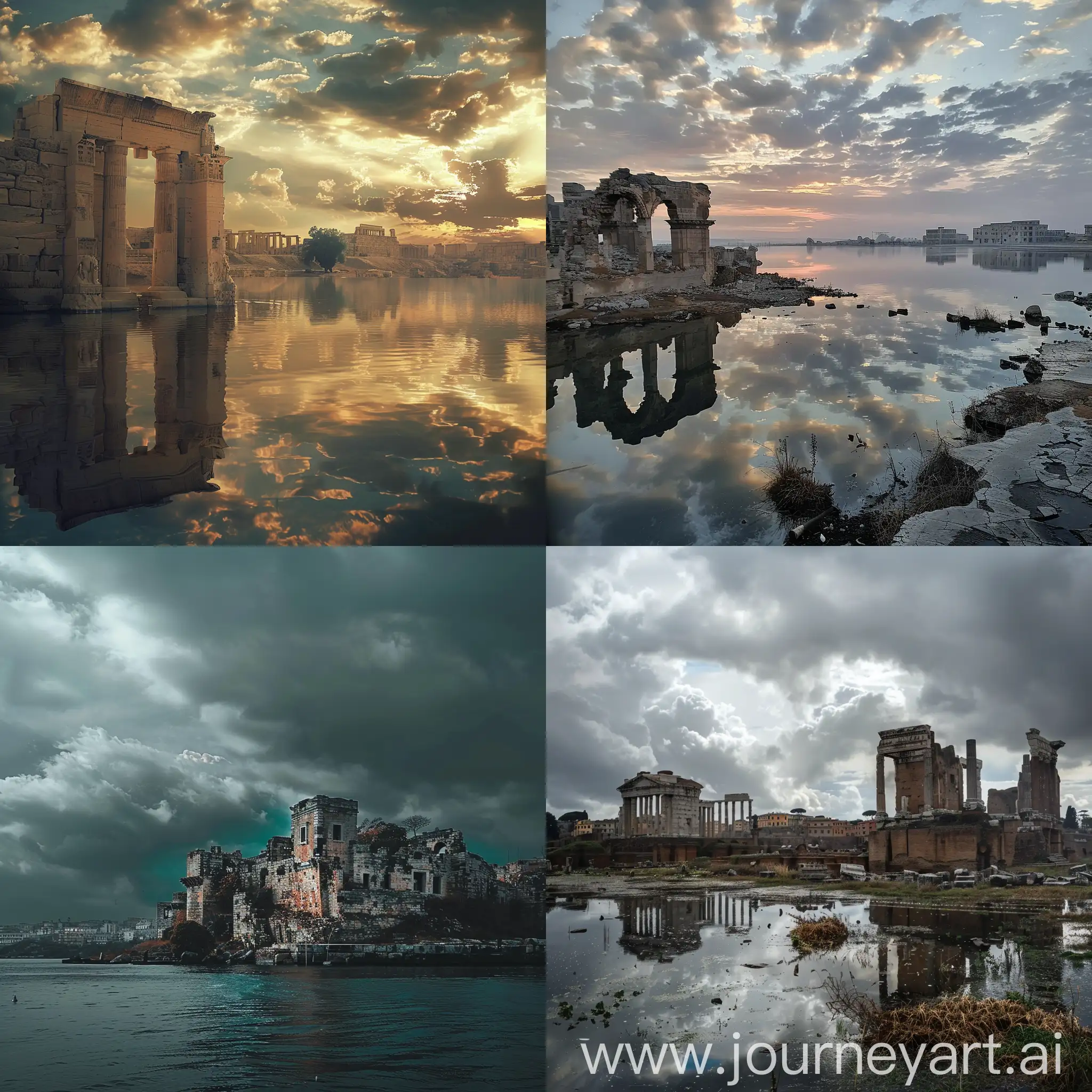 outdoors, sky, cloud, water, no humans, cloudy sky, building, scenery, city, ruins