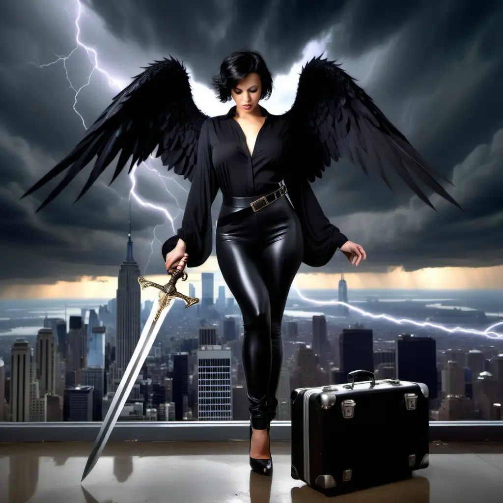 Seductive Dark Angel with Sword Overlooking Stormy New York