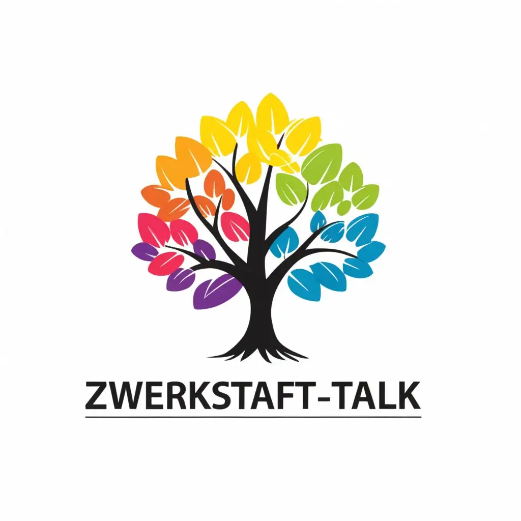 a logo design,with the text "Zwerkstatt-Talk", main symbol:middle: a tree (black) with red, orange, yellow, green, blue, purple leaves. Under the tree: kids playing, one child with balloon (all black), Slogan: Two educators. One team. Thoughts on everyday life in daycare and childcare,Moderate,be used in Education industry,clear background