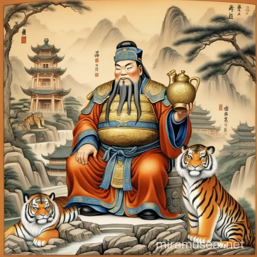 Emperor Bao Sheng Statue Offering Jug to Tiger for World Compassion