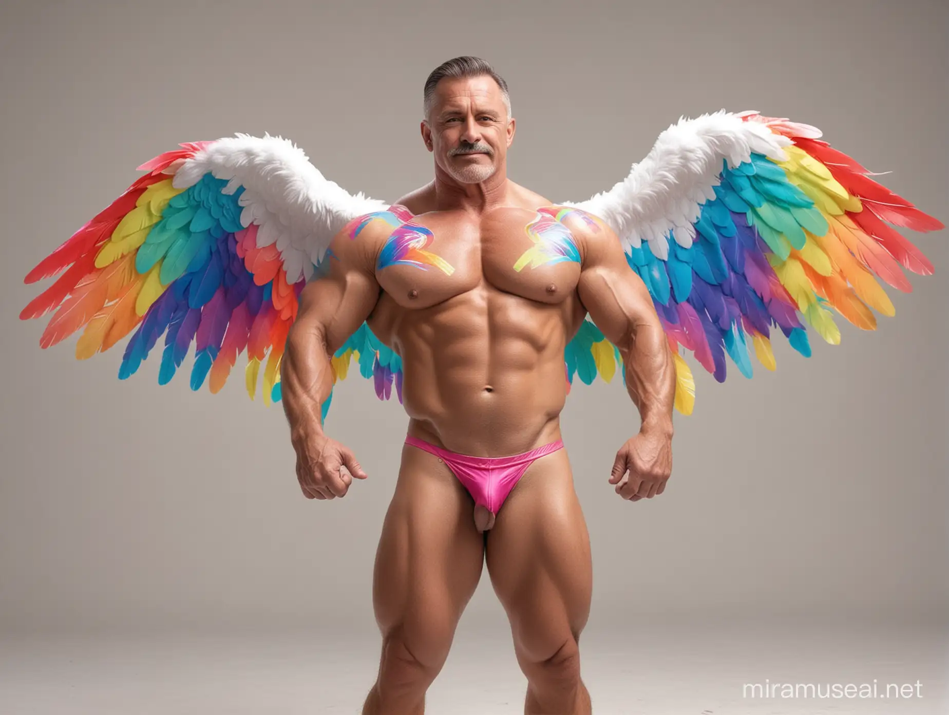Muscular 40s Bodybuilder Flexing in Vibrant Rainbow Eagle Wings Jacket