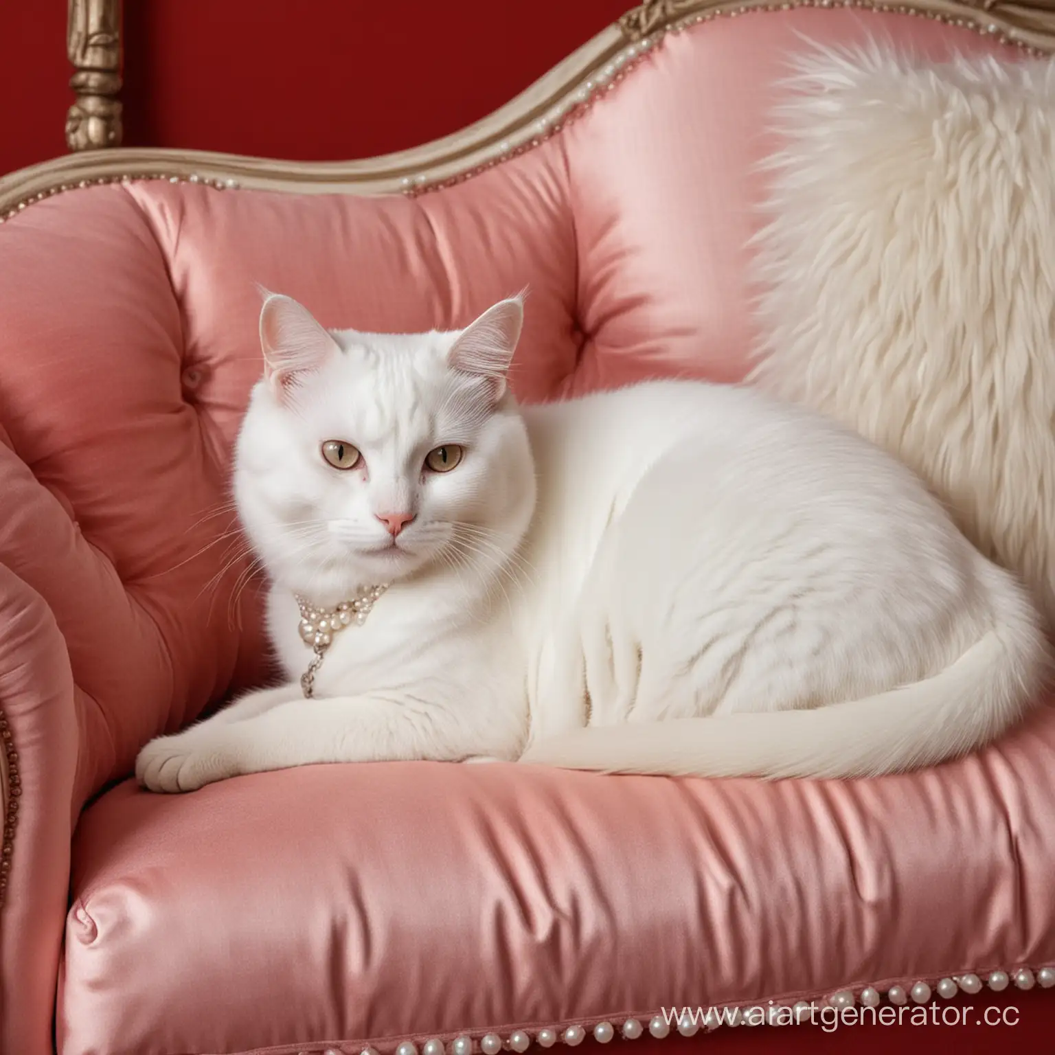 Elegant-White-Cat-Relaxing-on-Red-Sofa-with-Pearls