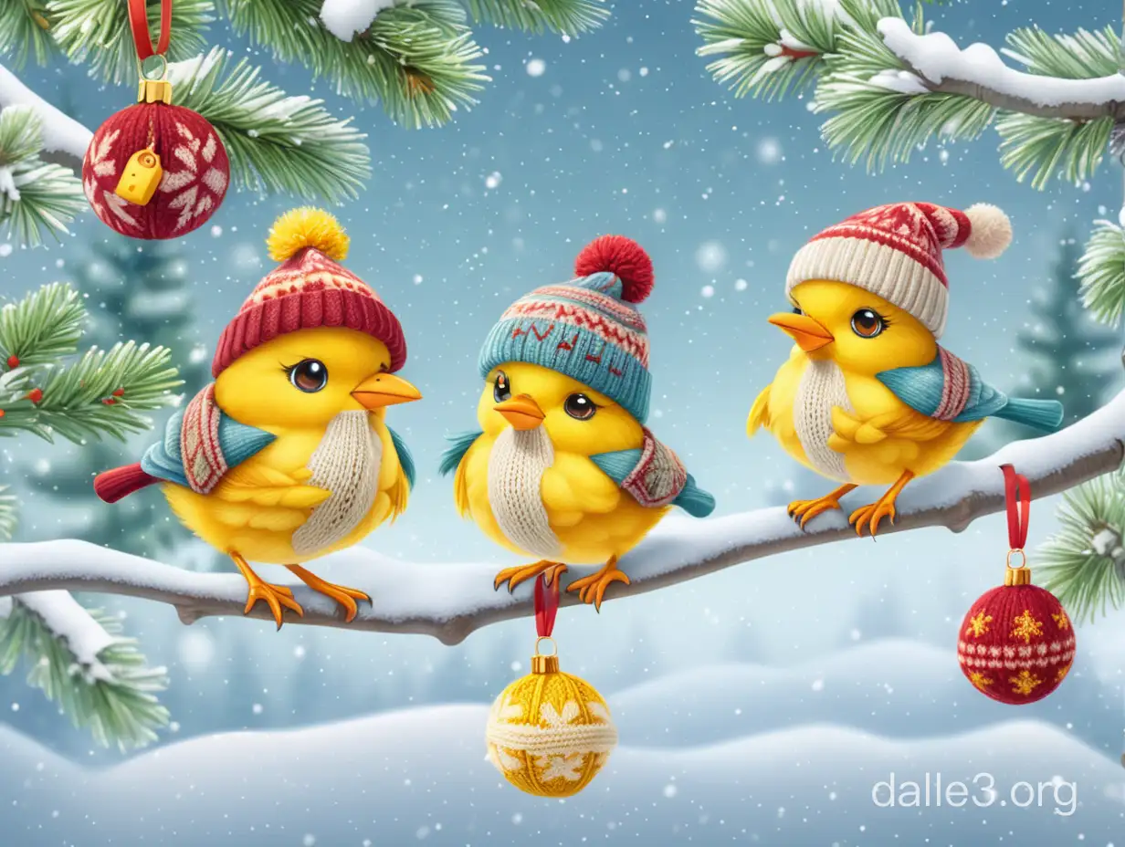 2 Милых птички с желтой грудкой в вязаных разноцаетных шапках Рождестаенкая ёлка шарики и игрушки на елке мультик подарки снег на зимнем фоне