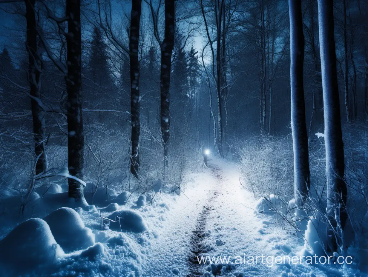 snowy path in the night forest