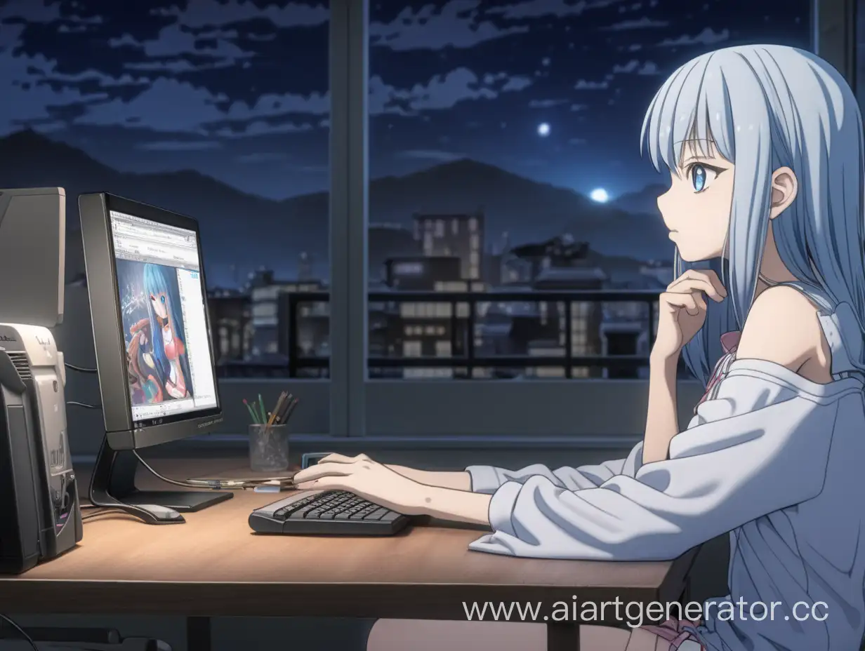 Битард сидит дома за компьютером ночью рядом с аниме девочкой