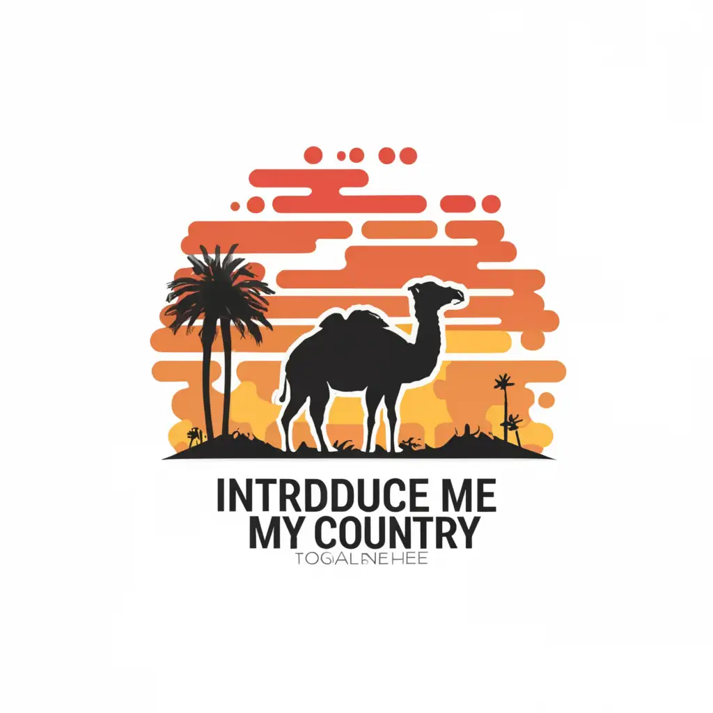 a logo design,with the text "Introduce me to my country.", main symbol:Desert-camel-palm trees,Moderate,be used in Internet industry,clear background